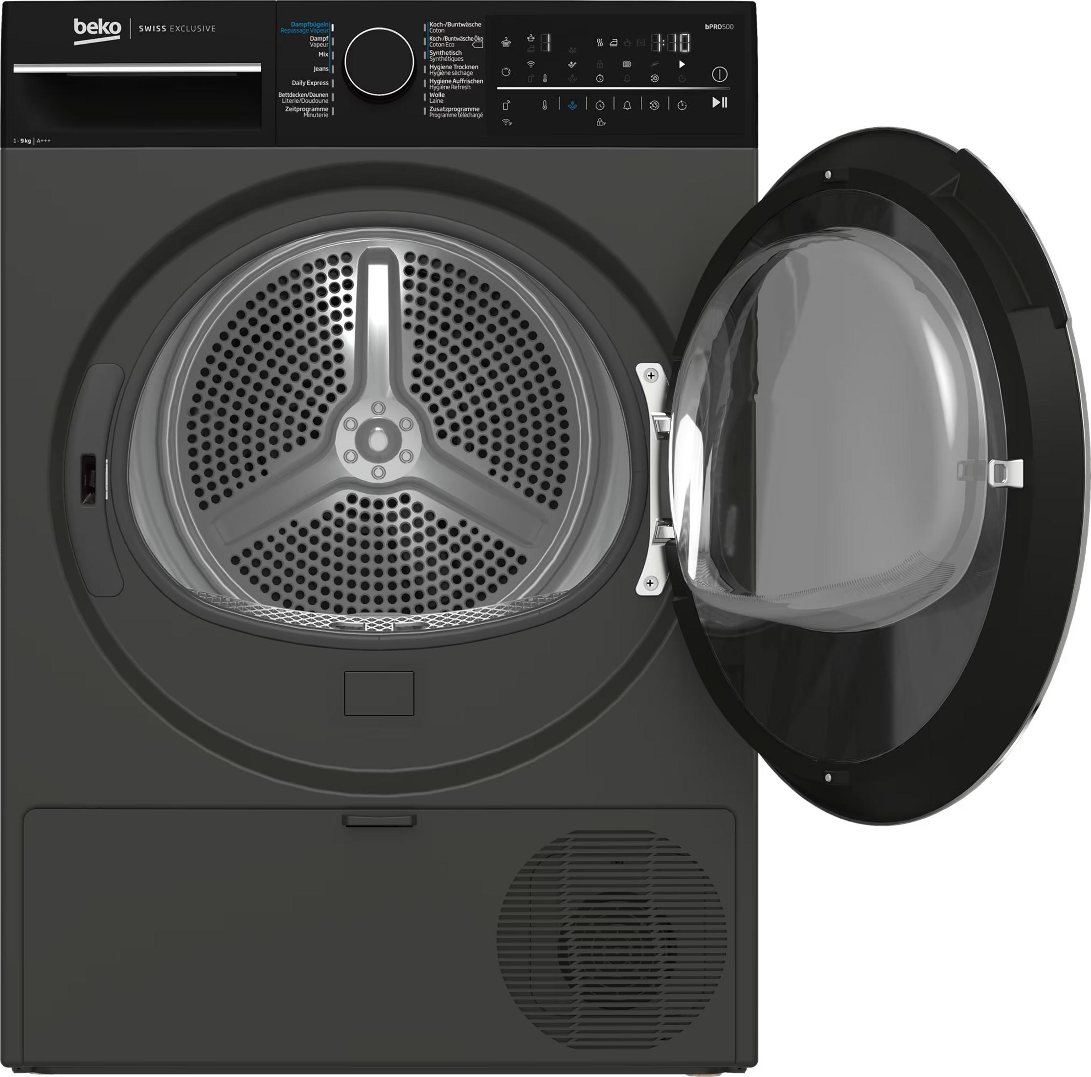 Sèche-linge Beko gris avec porte ouverte et panneau de commande. Tambour visible.