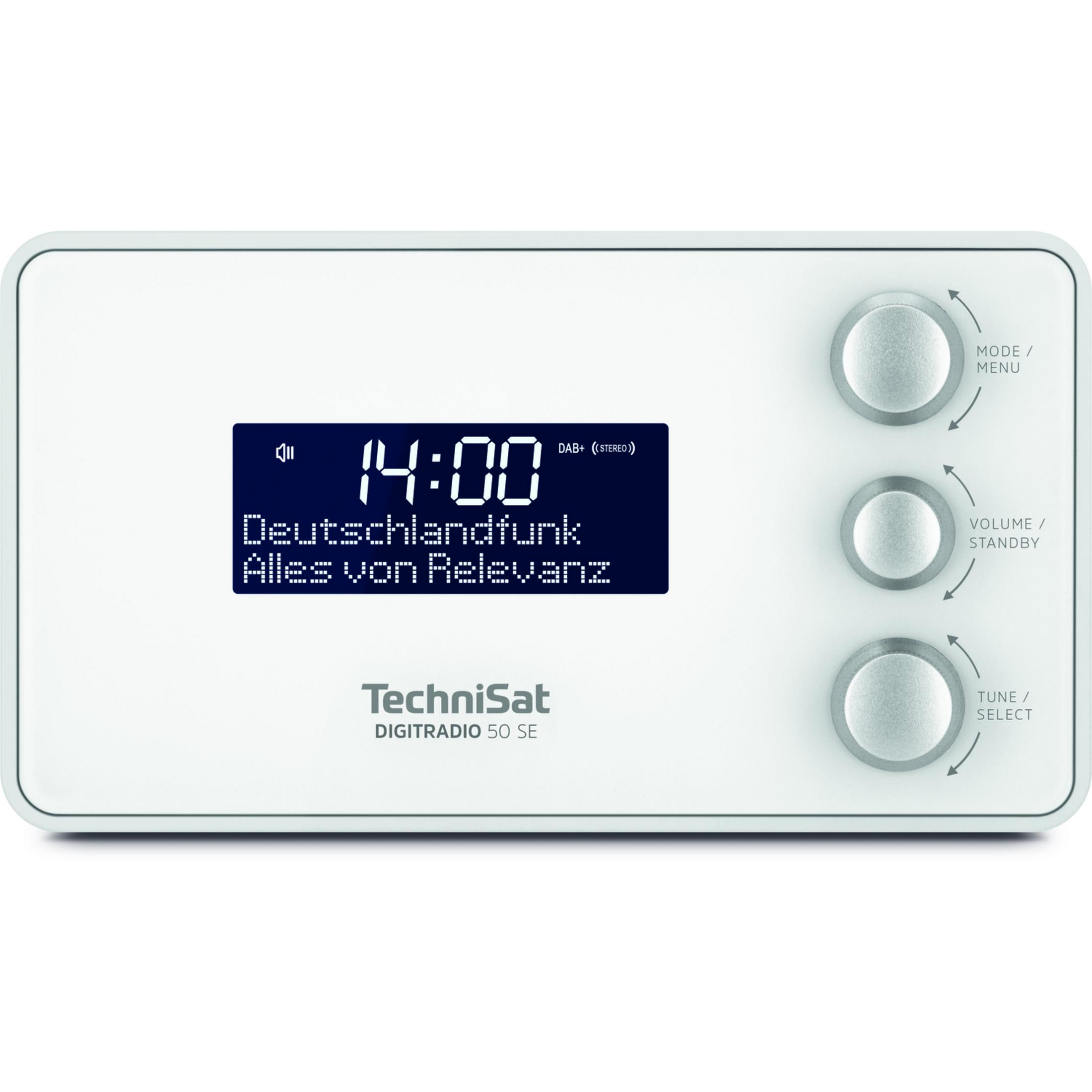 Witte TechniSat digitale radio met blauw display toont 14:00 uur.