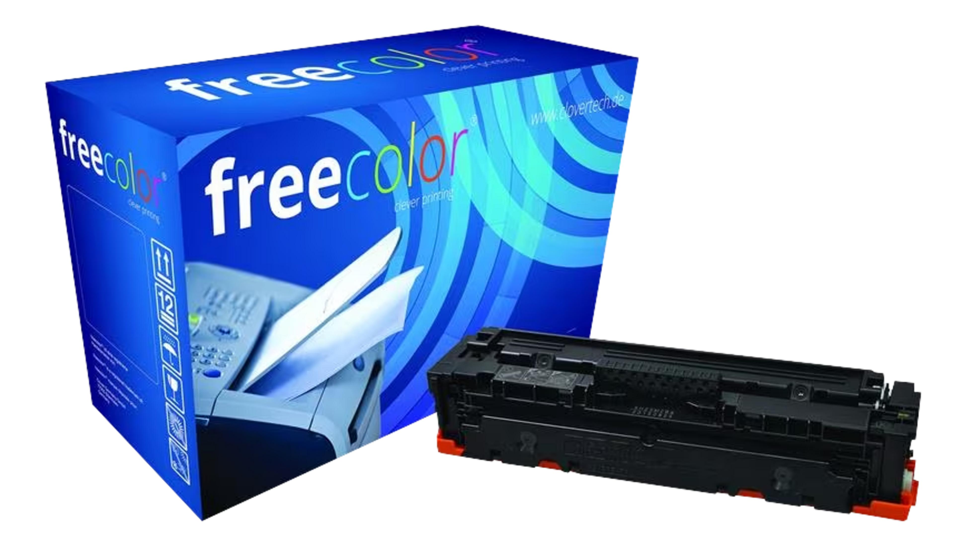 Una scatola blu con logo "freecolor" e una cartuccia stampante accanto.