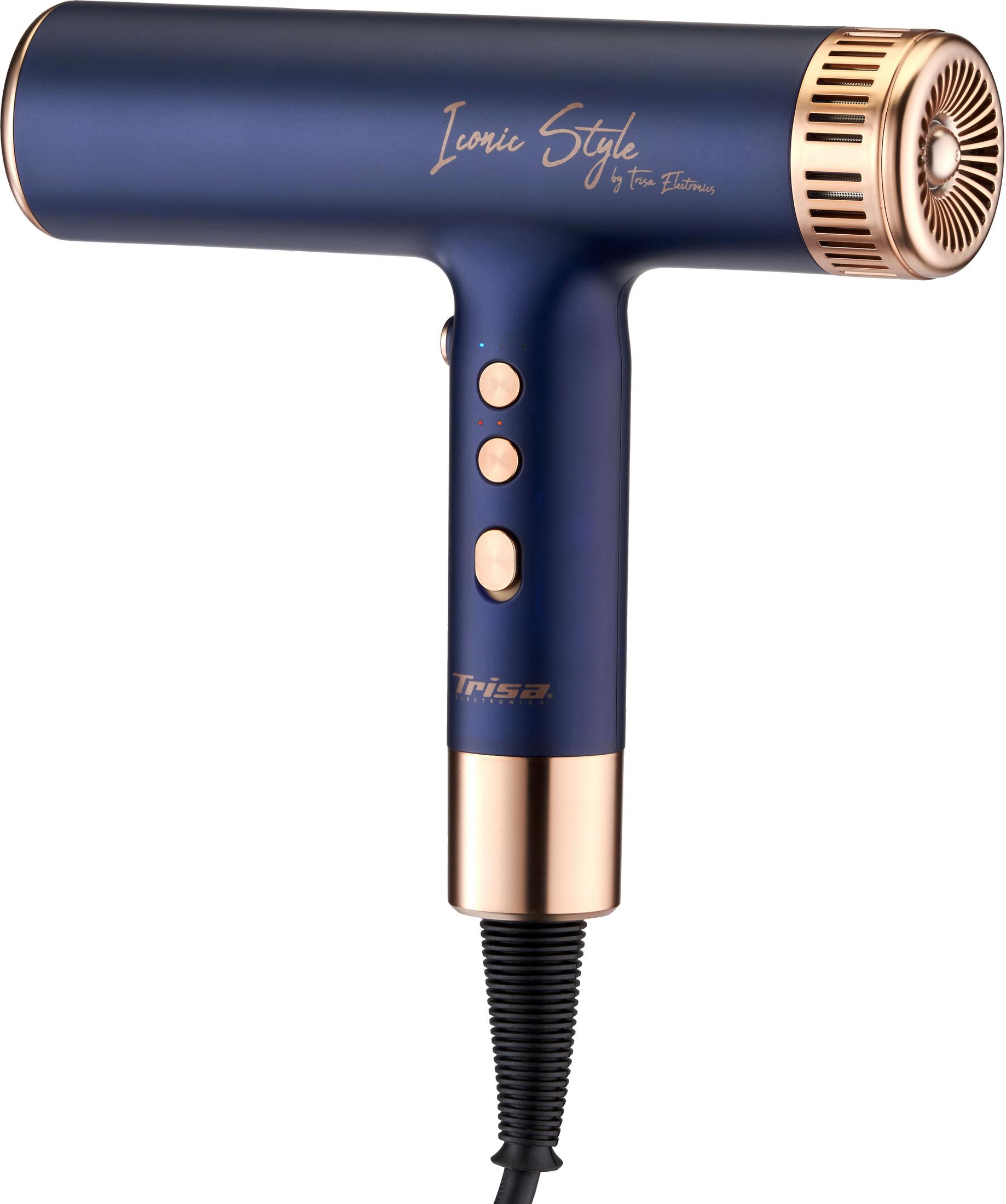 Sèche-cheveux bleu foncé avec accents de cuivre et trois boutons.