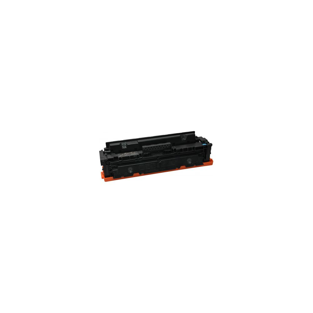 Una cartuccia toner nera con base arancione, isolata su sfondo bianco.