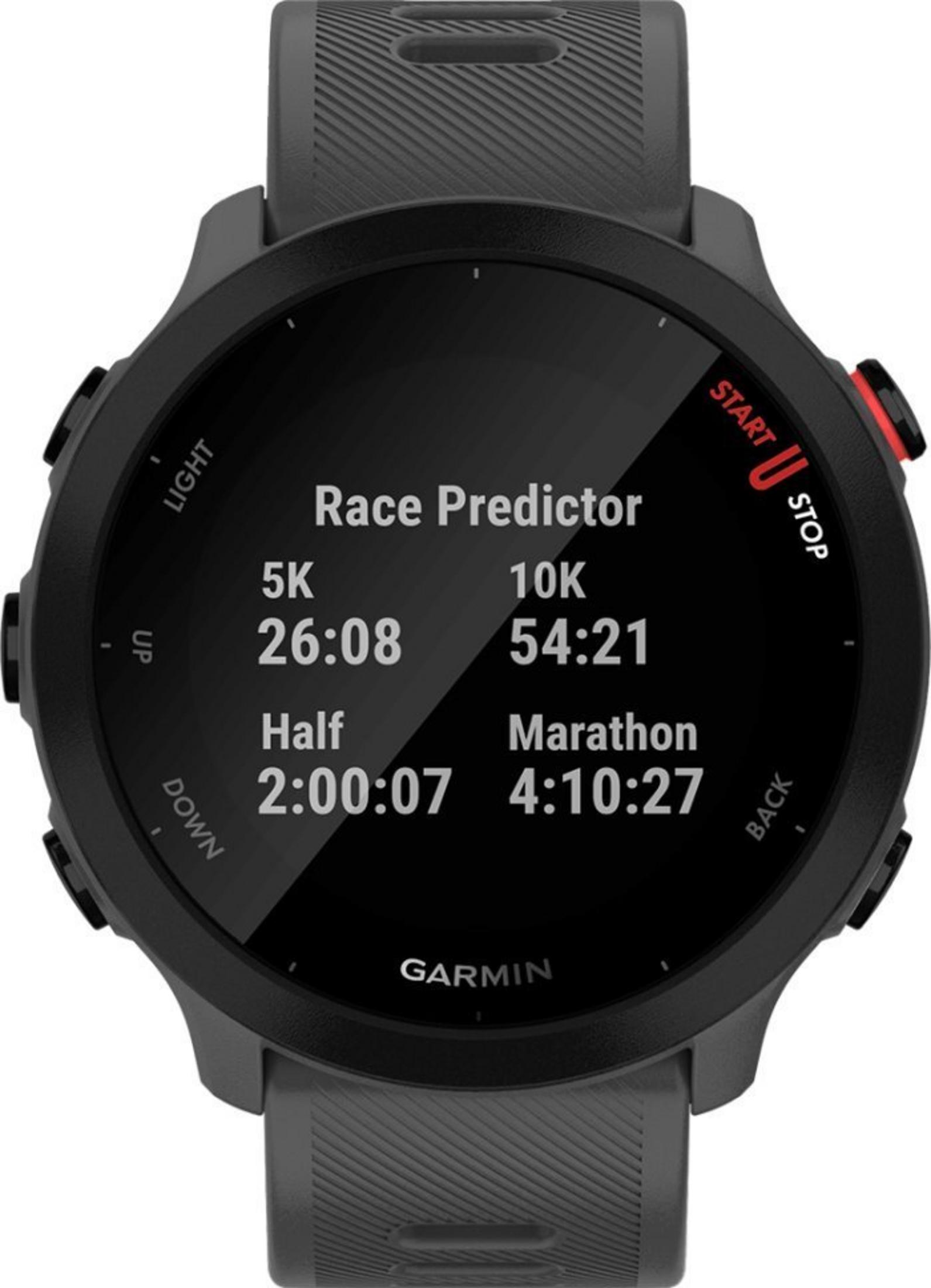 Czarny smartwatch Garmin wyświetla prognozę wyścigu na 5K, 10K, Półmaraton i Maraton.