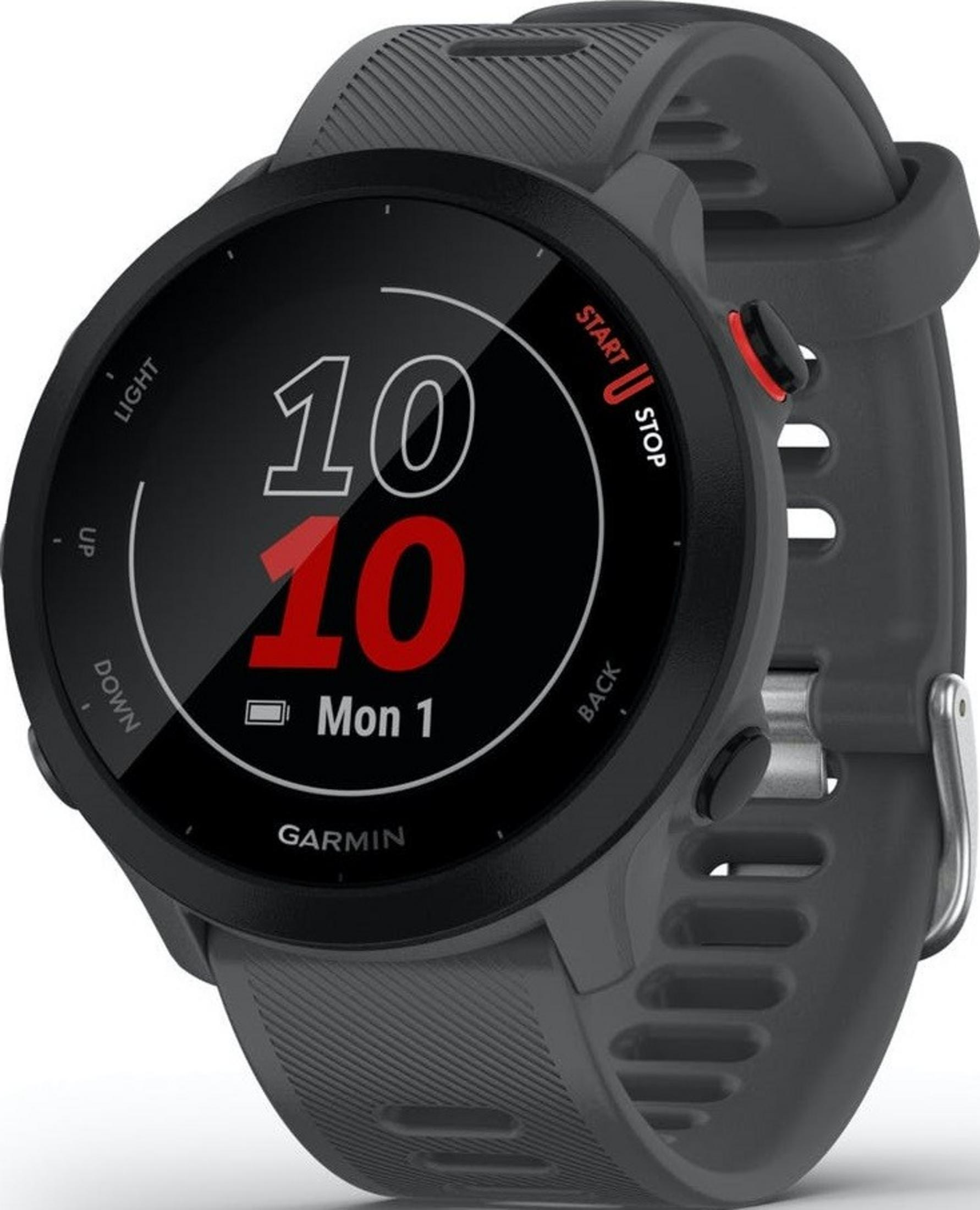 Szary smartwatch Garmin z czarną tarczą i czerwonymi cyframi.