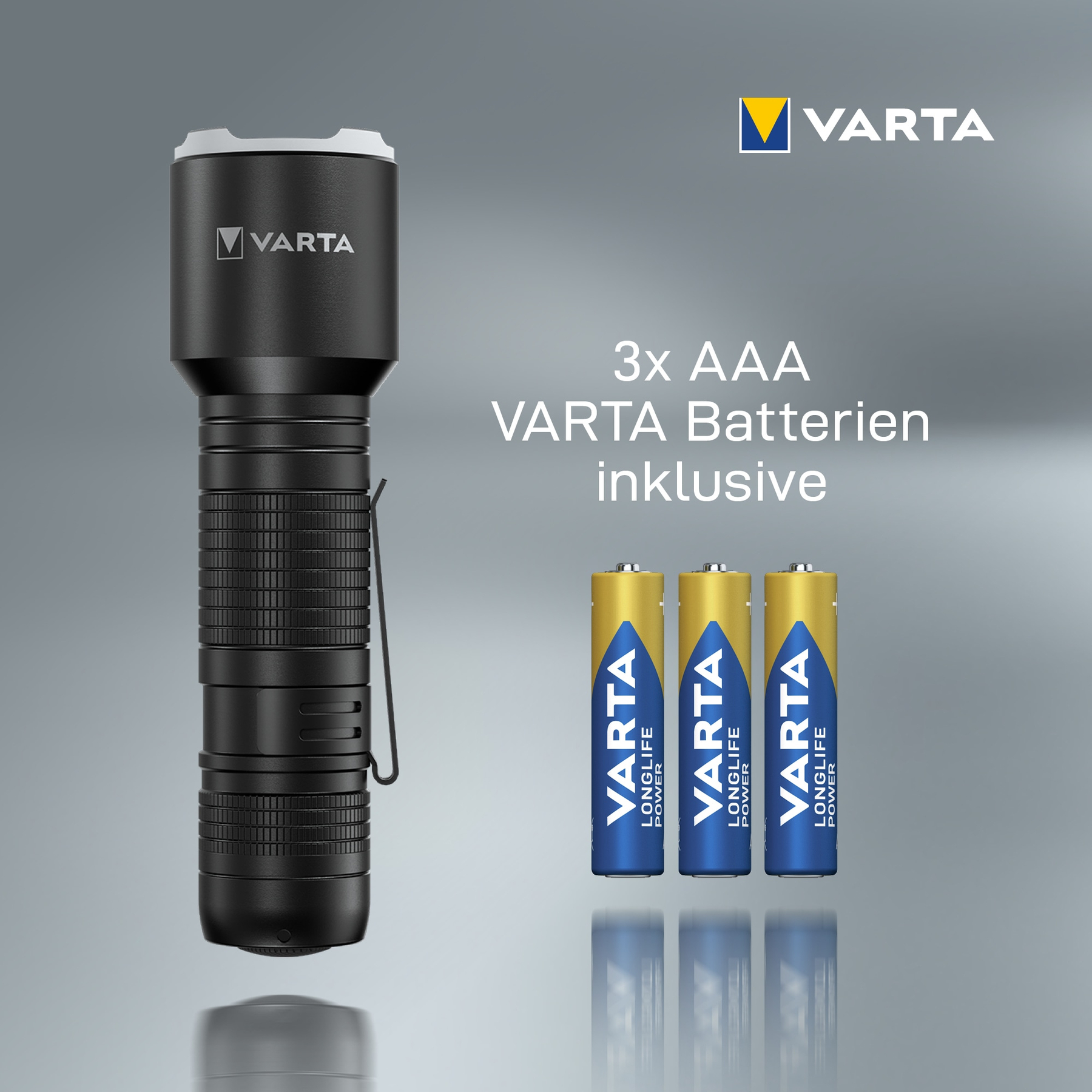 Torcia Varta nera con 3 batterie AAA. Testo "3x batterie VARTA AAA incluse".