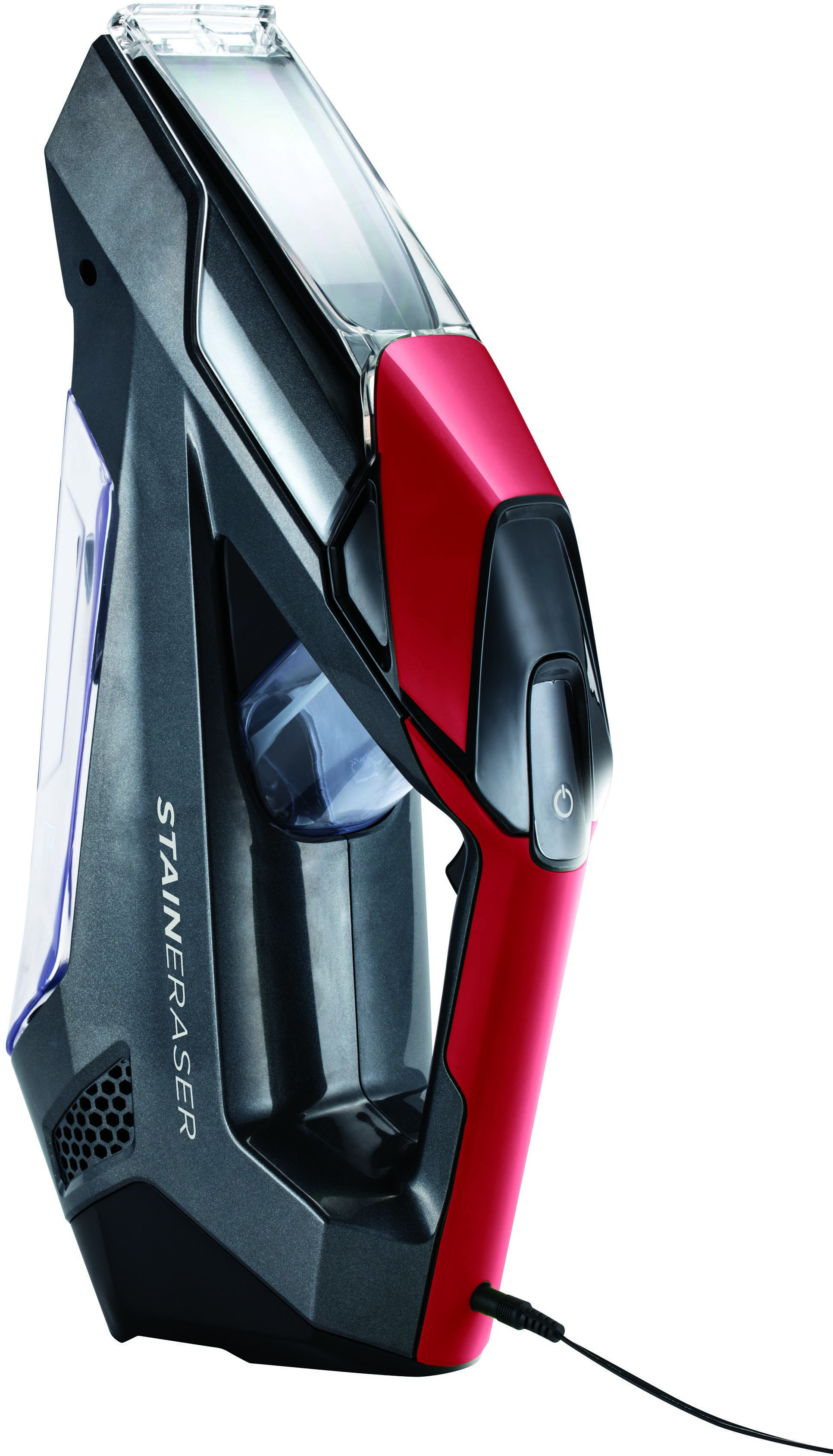 Przenośny odplamiacz w kolorze szarym, czerwonym i czarnym z przezroczystym pojemnikiem.