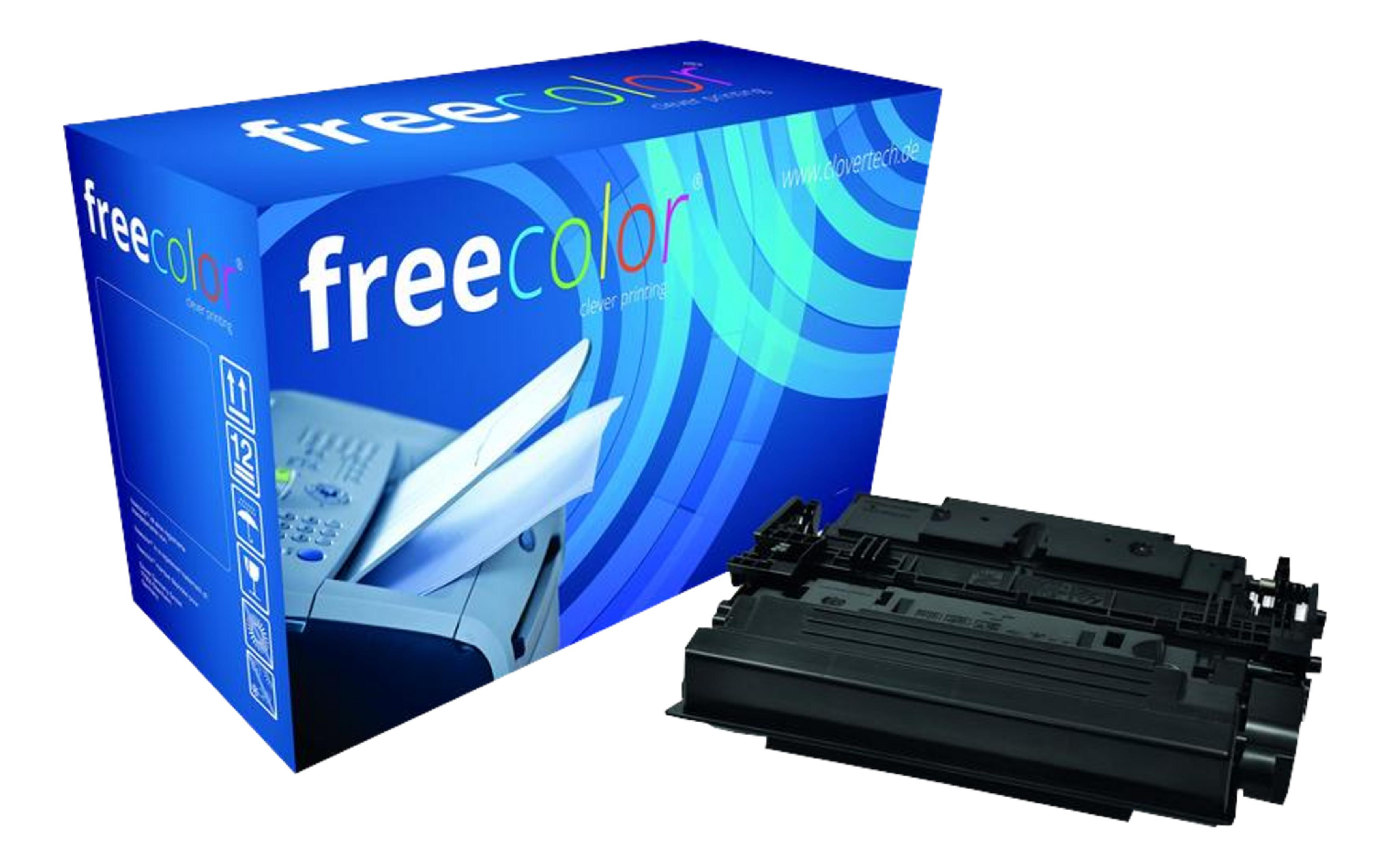 Una cartuccia toner nera accanto a una scatola blu che mostra una stampante.