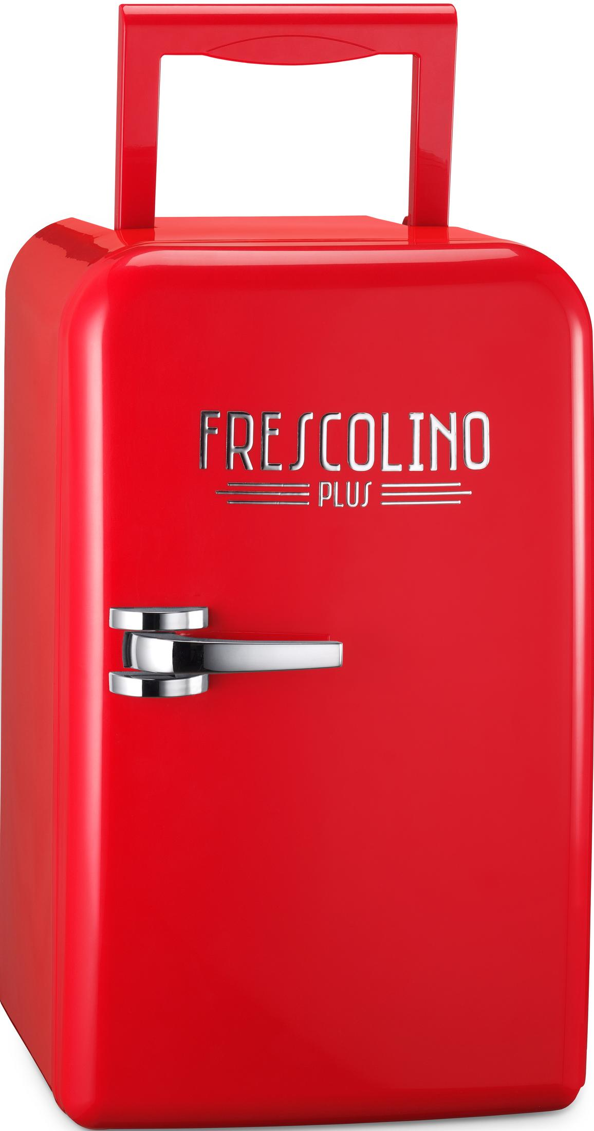 Ein kleiner roter Kühlschrank mit einem silbernen Griff und dem Schriftzug FRESCOLINO.