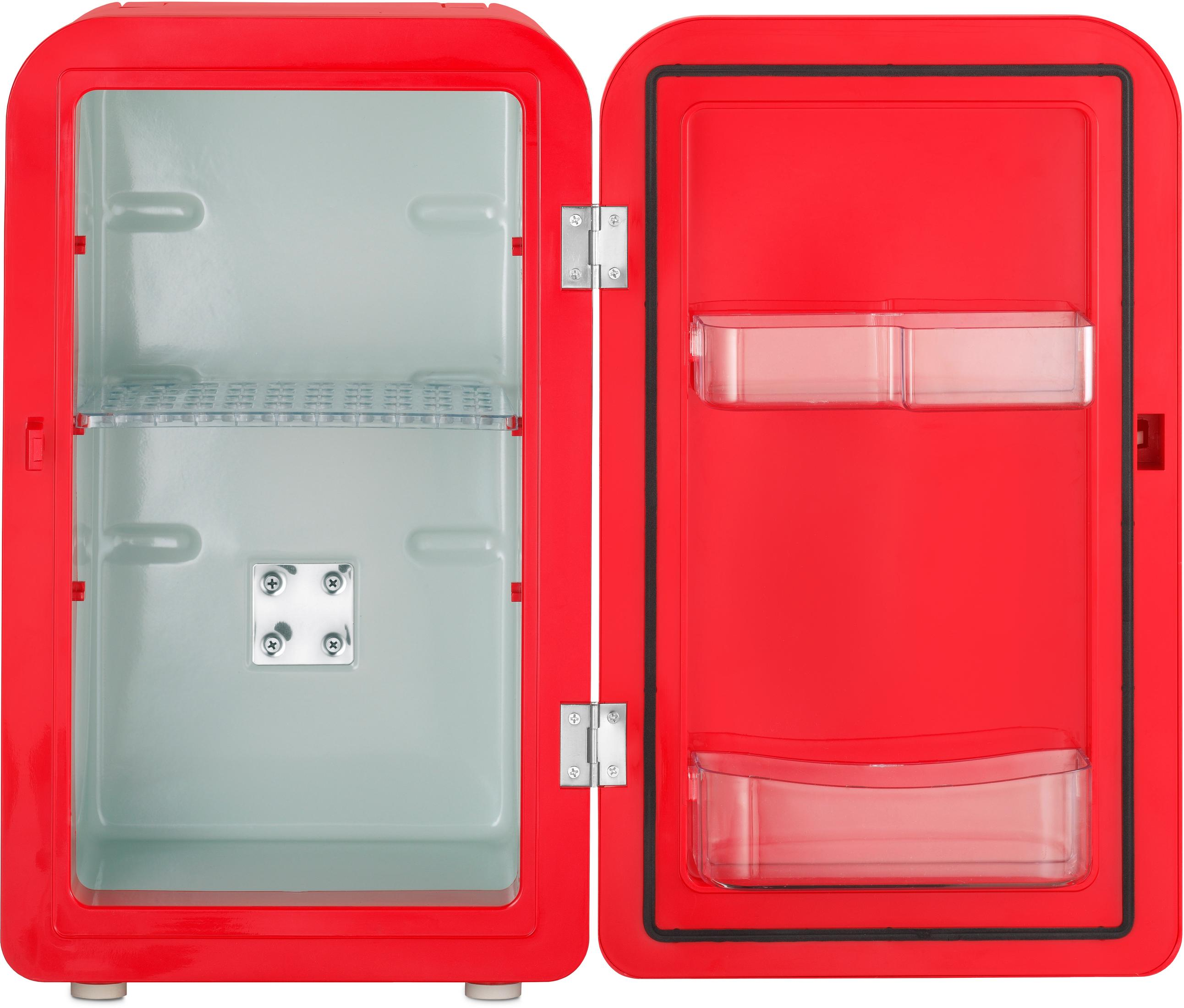 Ein roter Minikühlschrank mit offener Tür, Innenraum und Türfächern.