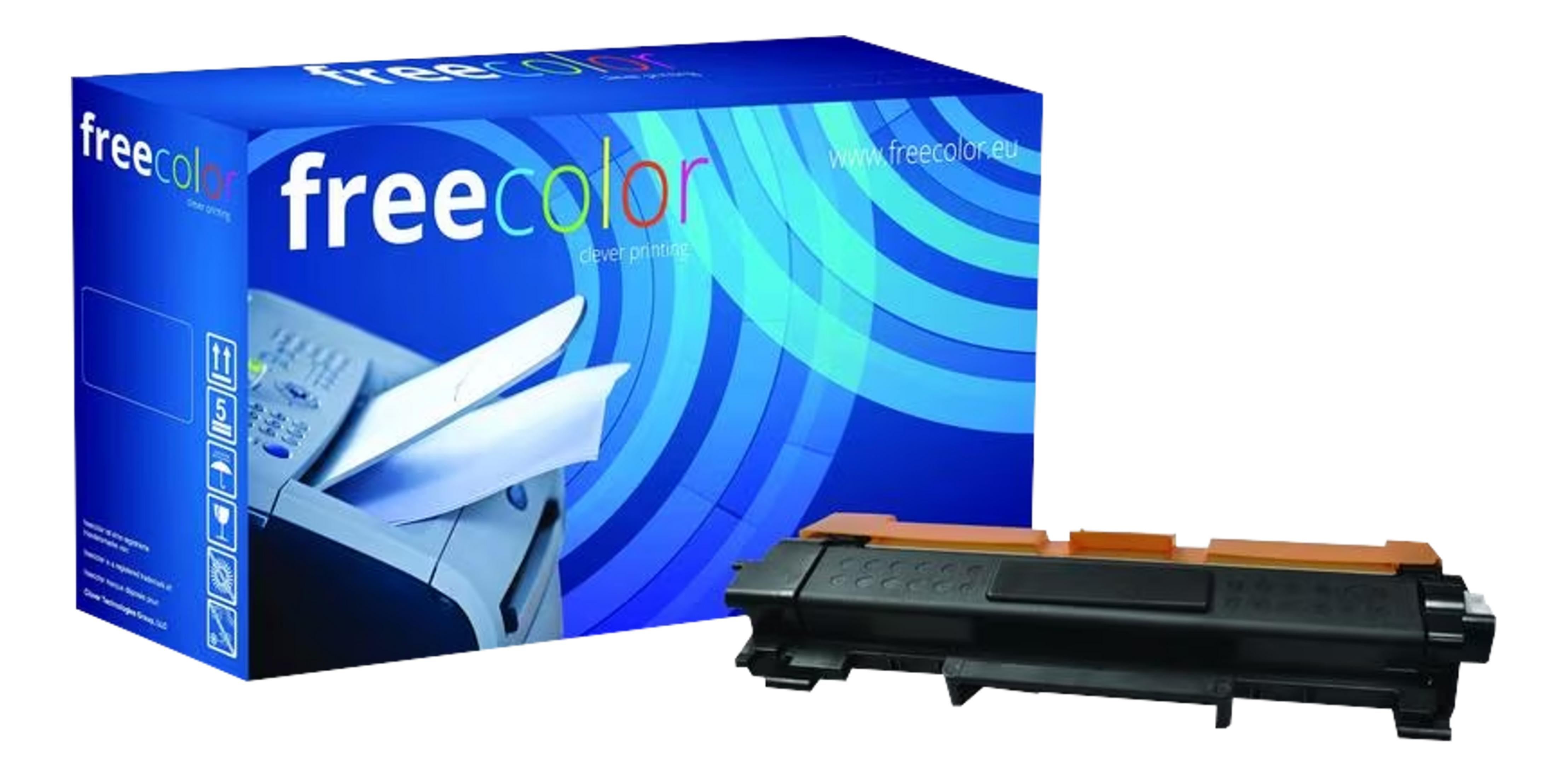 Une boîte bleue avec logo 'freecolor' et une cartouche de toner noire aux accents orange.