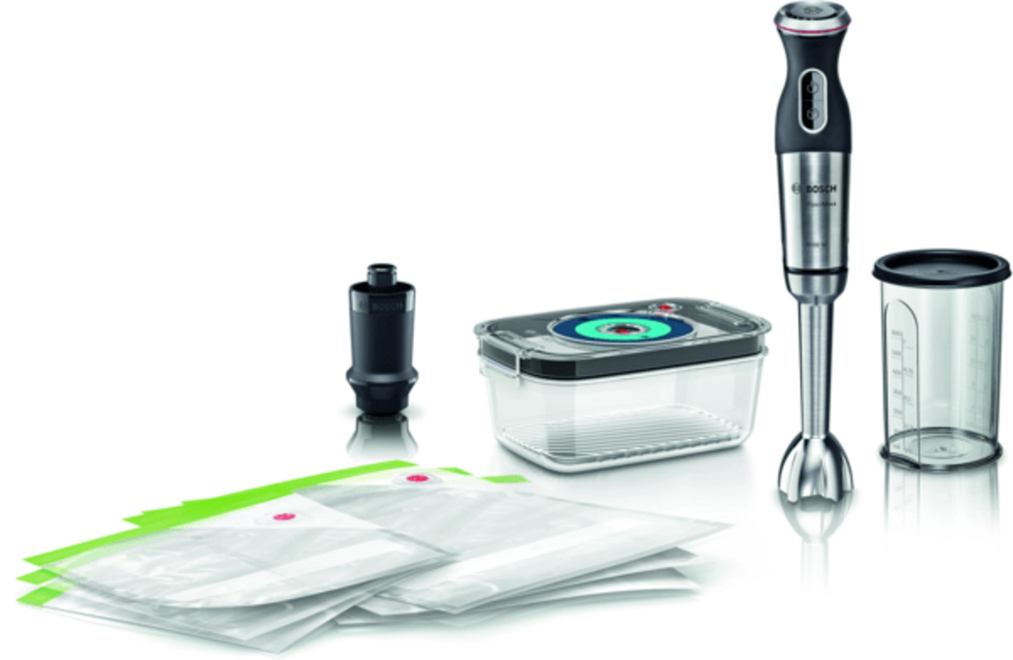 Stabmixer-Set mit Vakuumierbehälter, Beuteln, Messbecher und Zubehör.