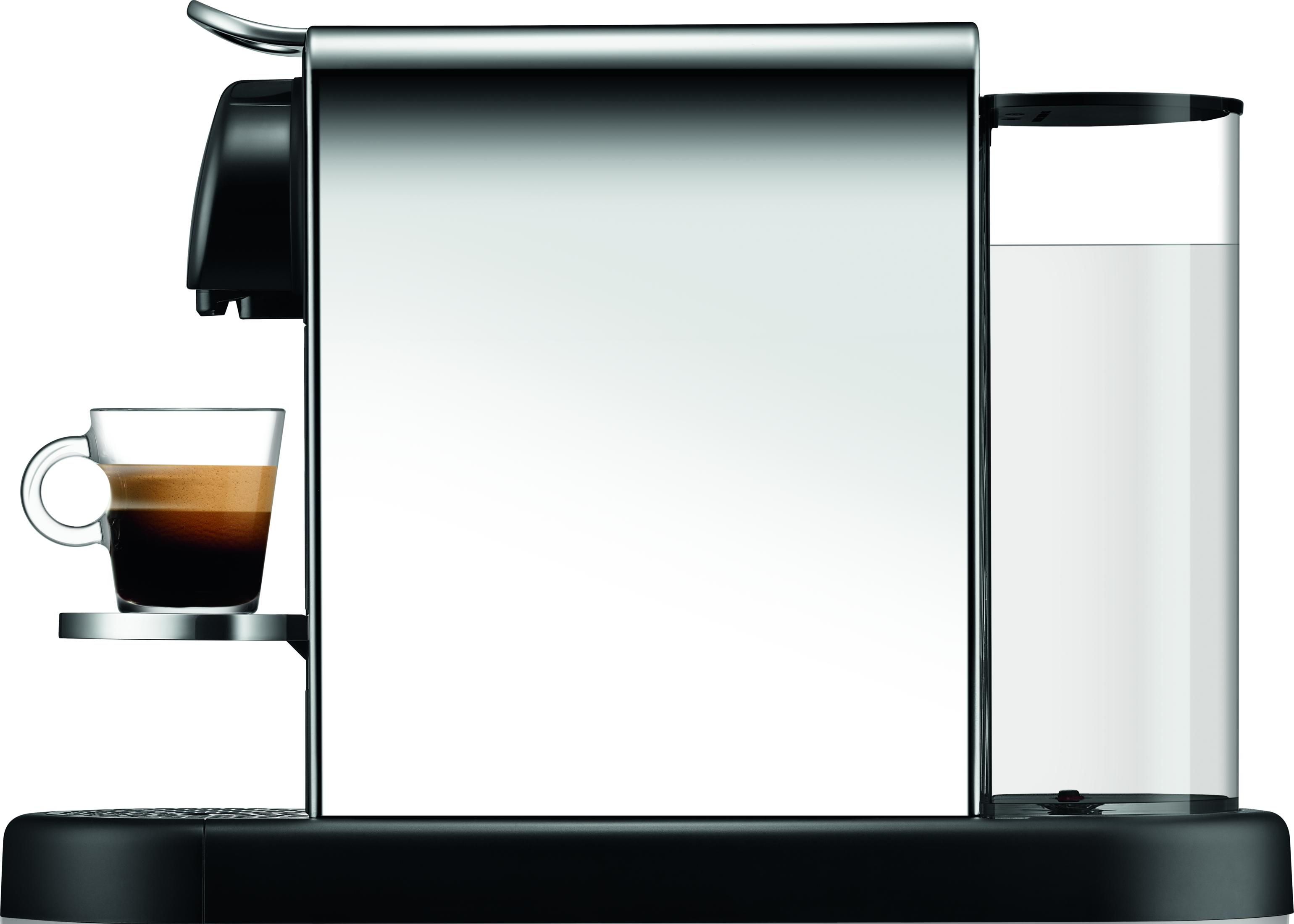 Eine silberne Kaffeemaschine mit einem Glas Espresso und einem Wassertank.