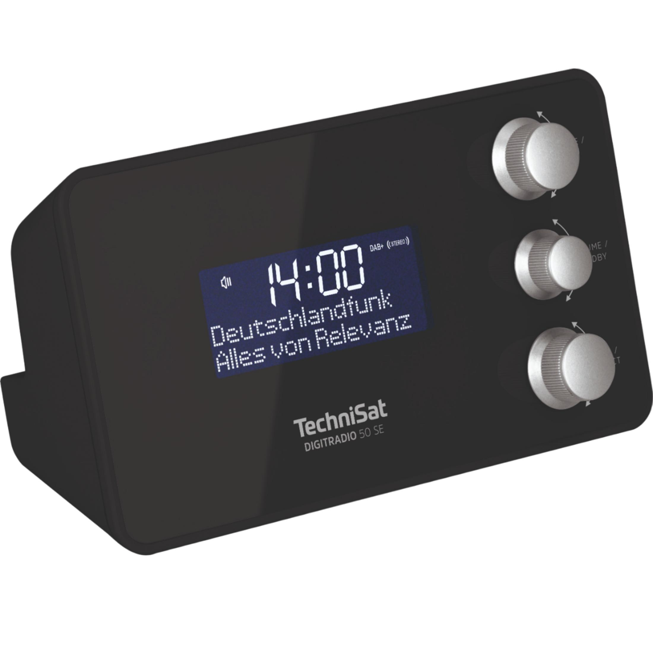 Czarnie radio TechniSat DAB+ wyświetla 14:00 i Deutschlandfunk.