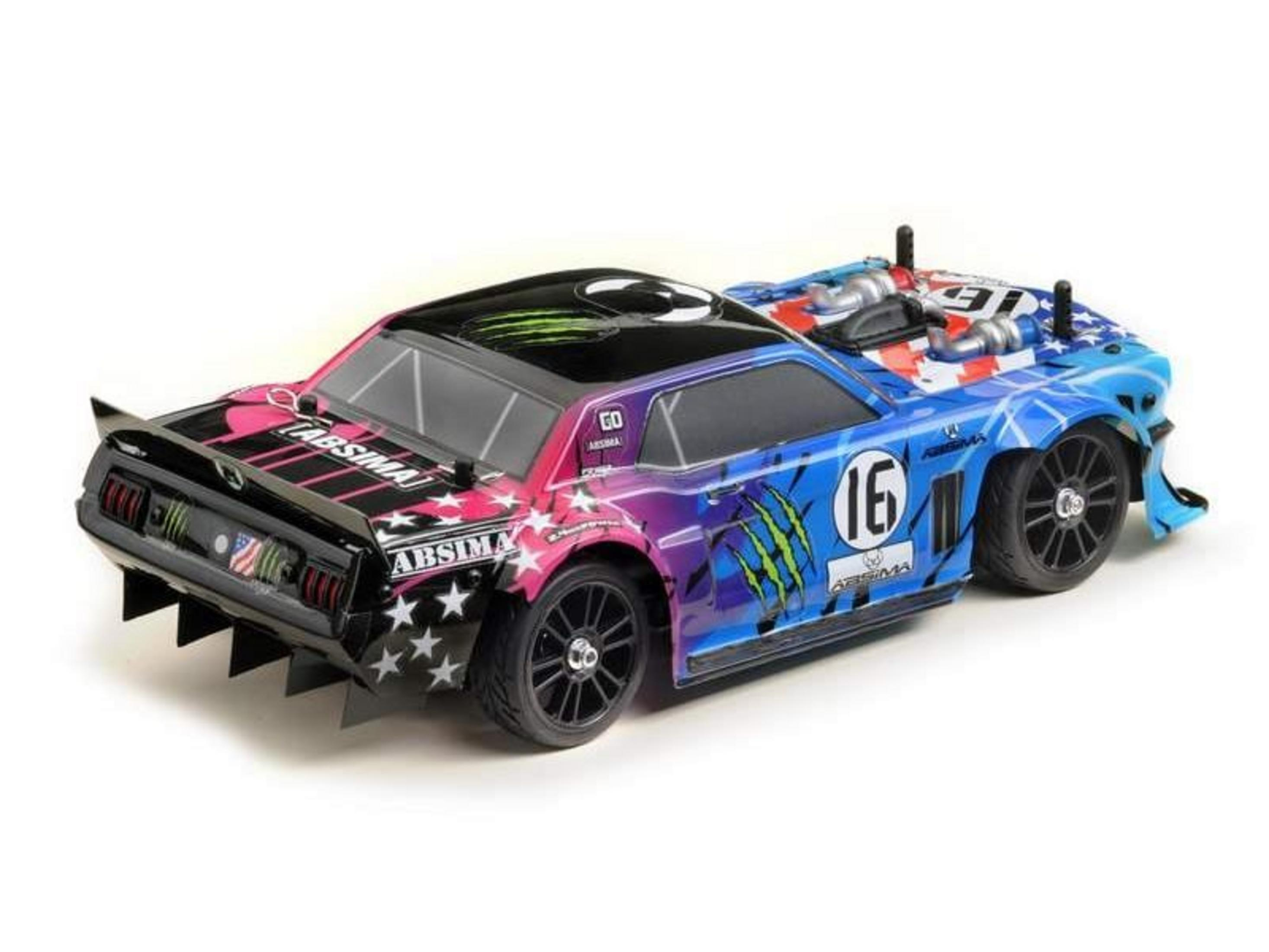 Une voiture RC avec peinture rose-violet et bleu-rouge, logo monstre et numéro 16.