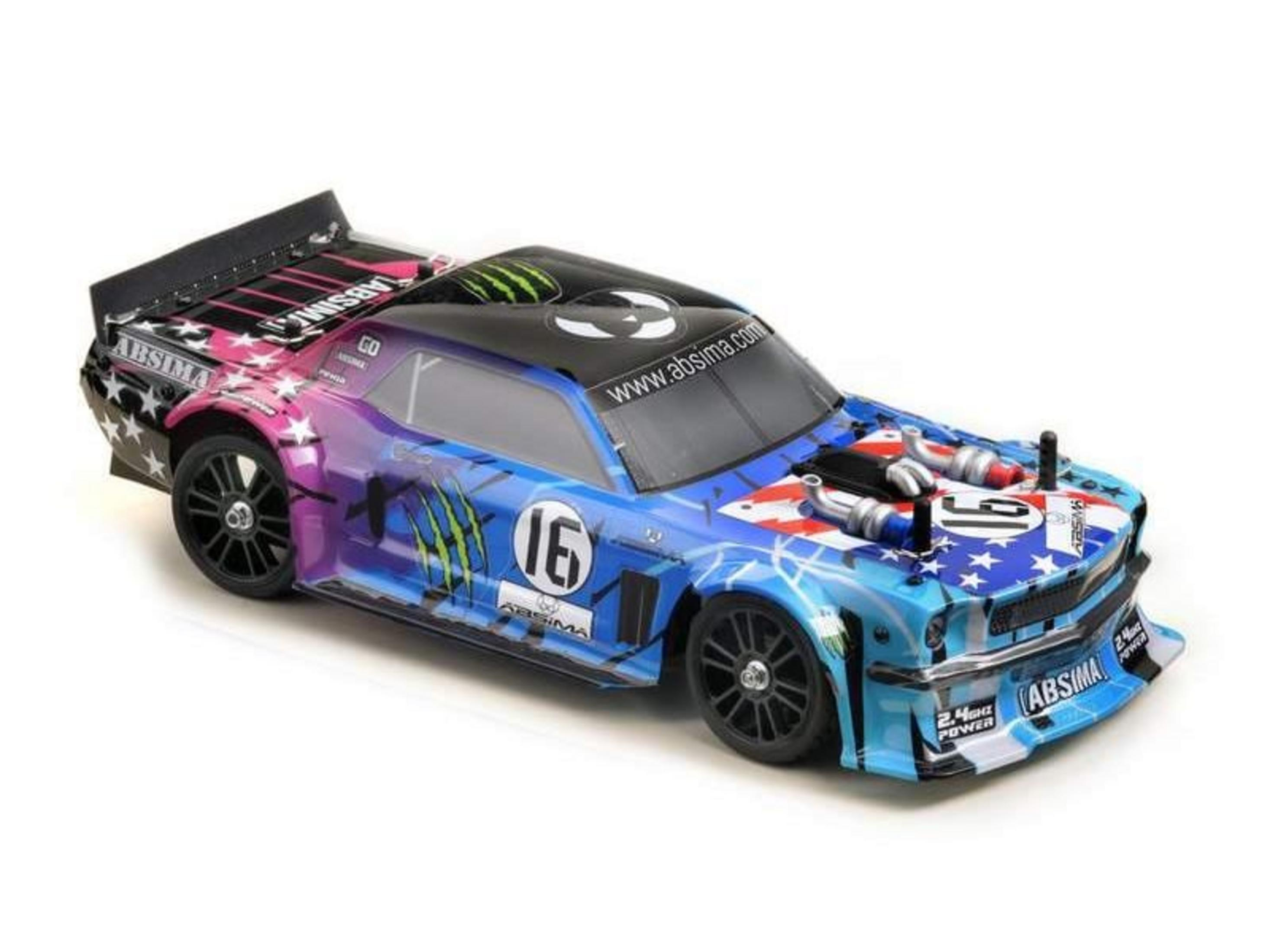 Une voiture de course RC bleue et rose avec des graphismes d'étoiles et de monstres.