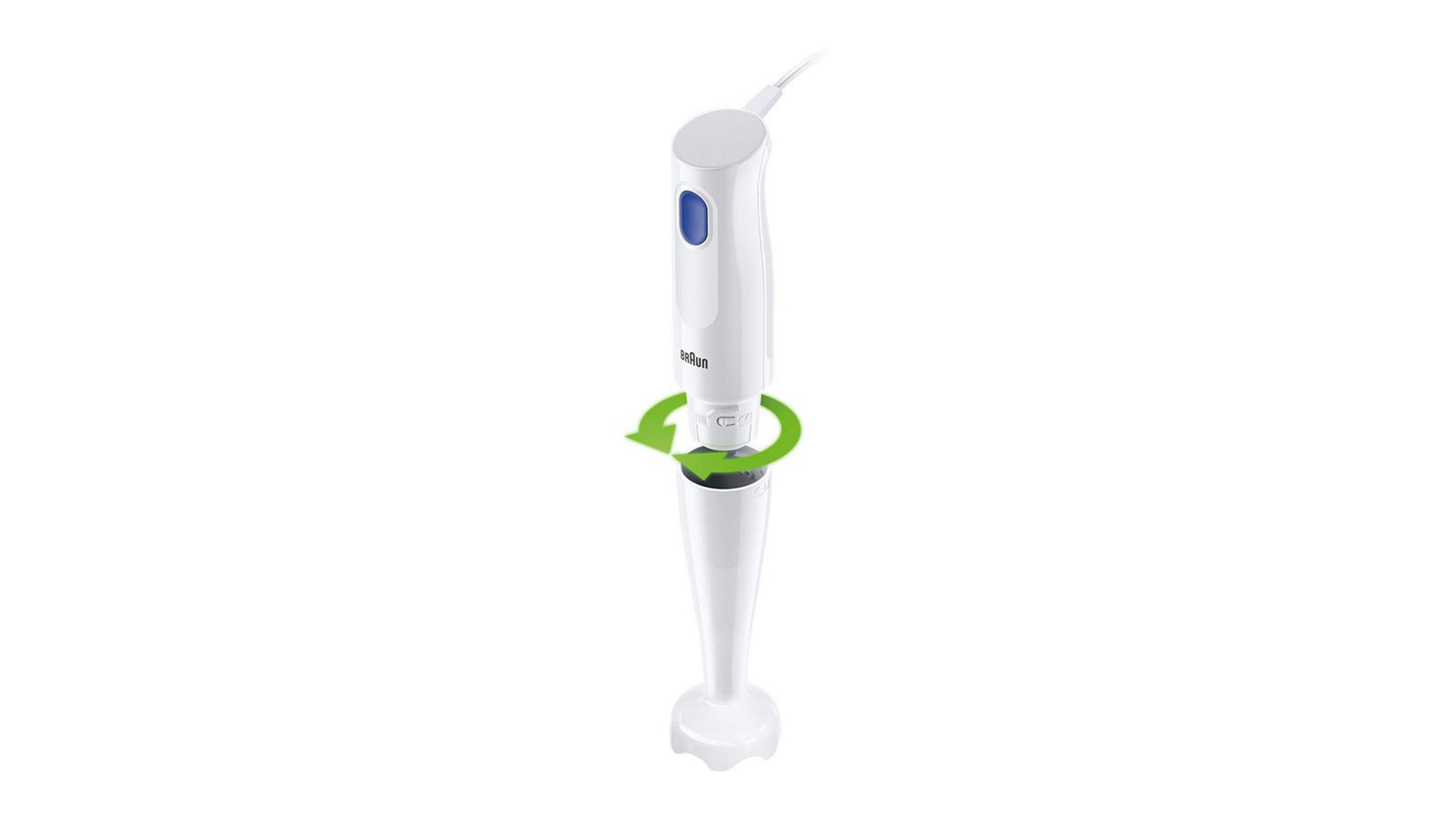 Biały blender ręczny z niebieskim przyciskiem i zielonymi strzałkami wskazującymi obrót.