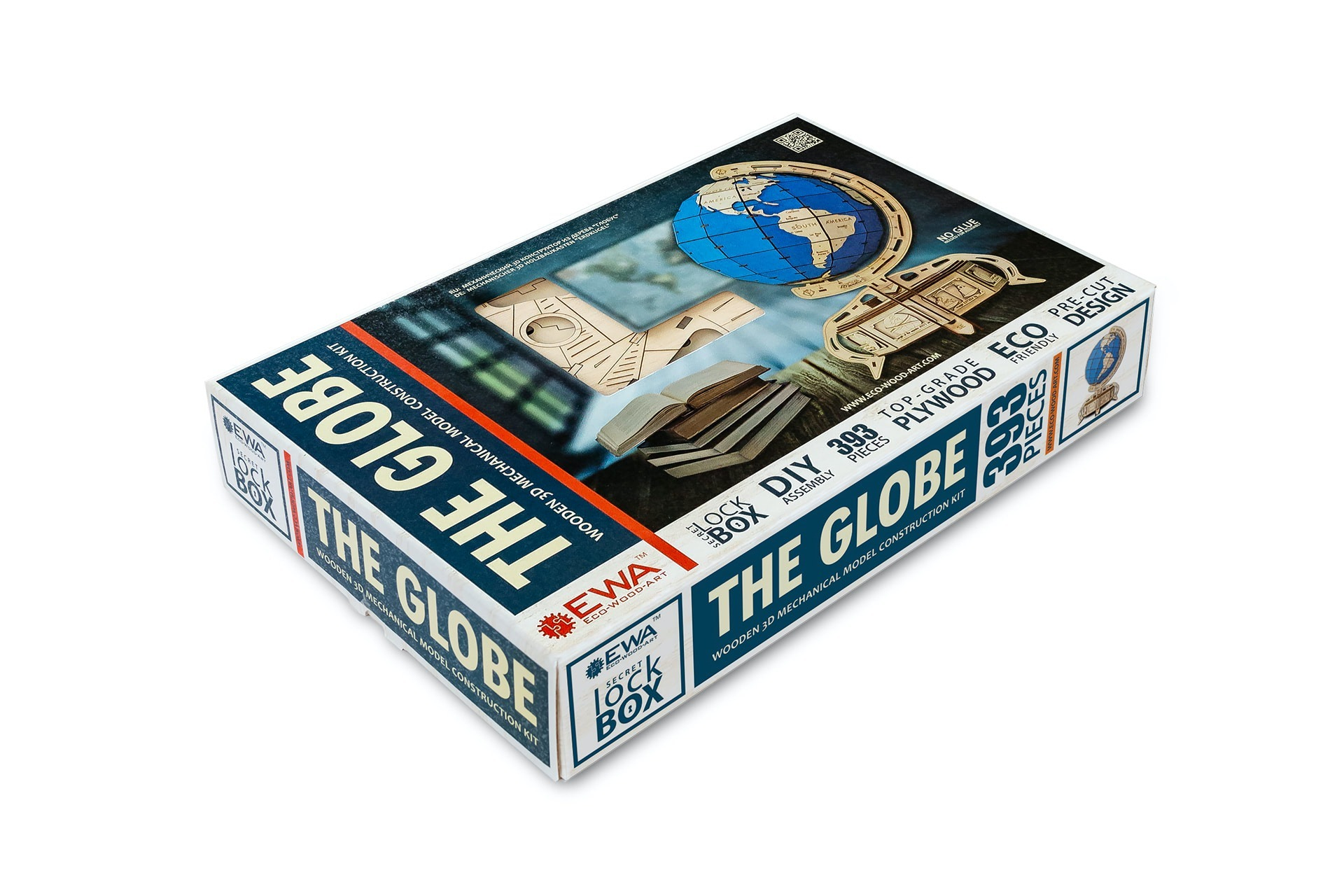 Verpackung eines Holz-3D-Modellbausatzes "The Globe" mit einem Globus-Bild.
