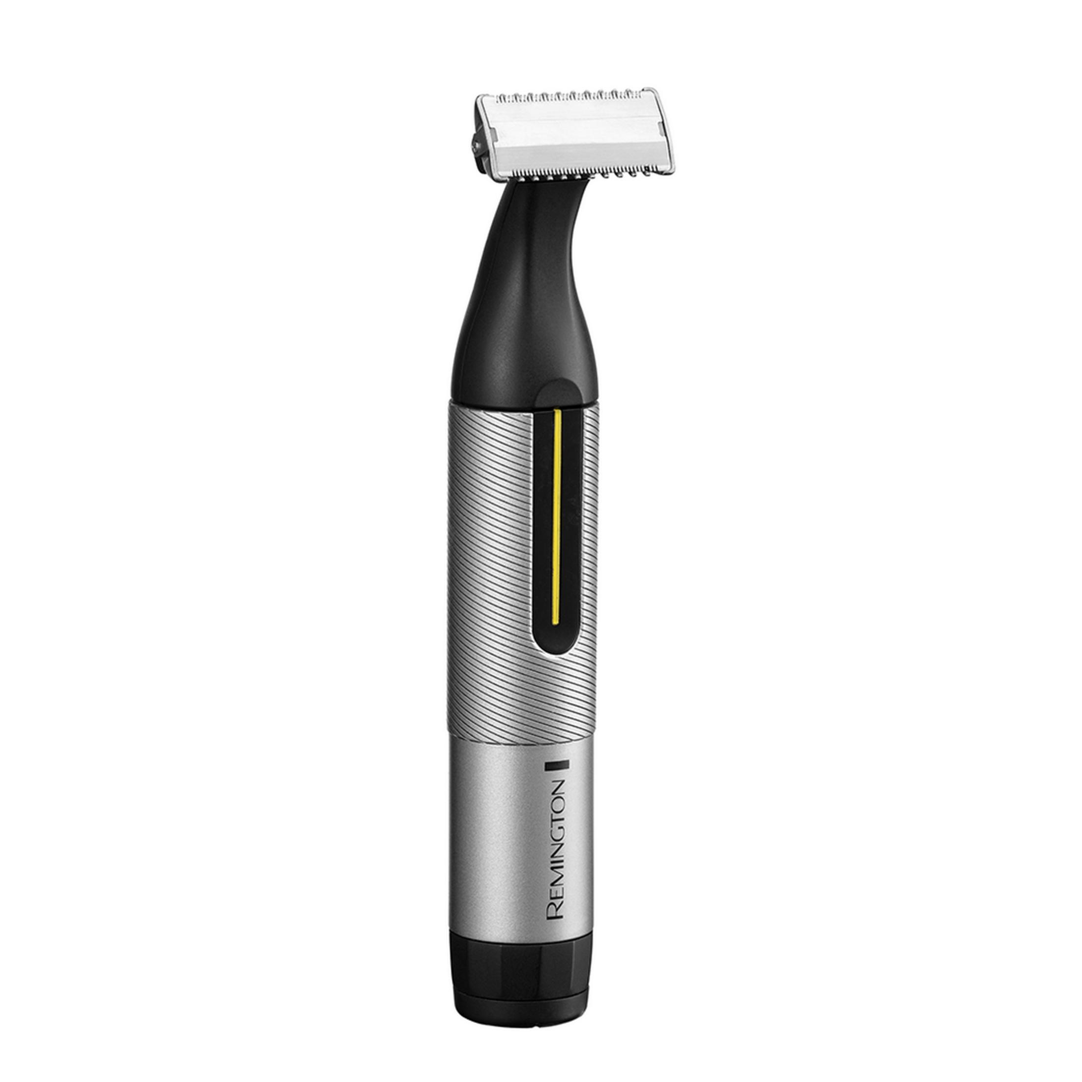 Ein silberner und schwarzer Remington-Trimmer mit gelbem Streifen.