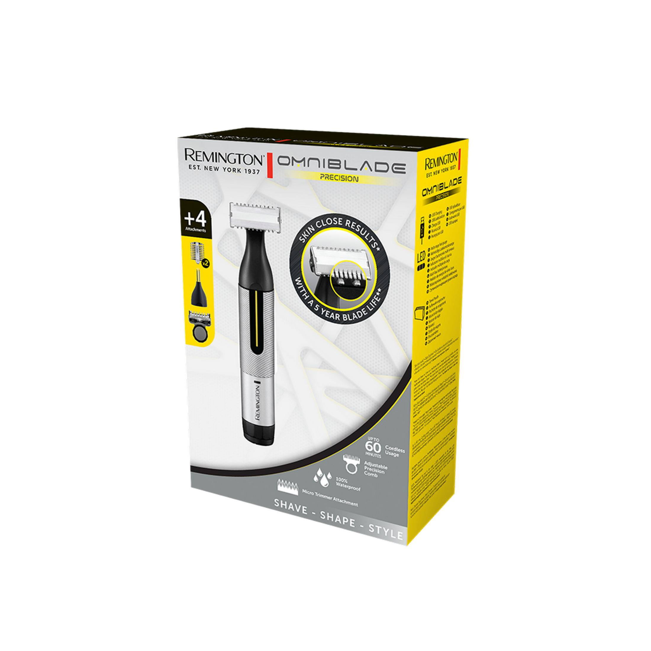 Verpackung eines Remington Omniblade Präzisionsrasierers mit Zubehör.