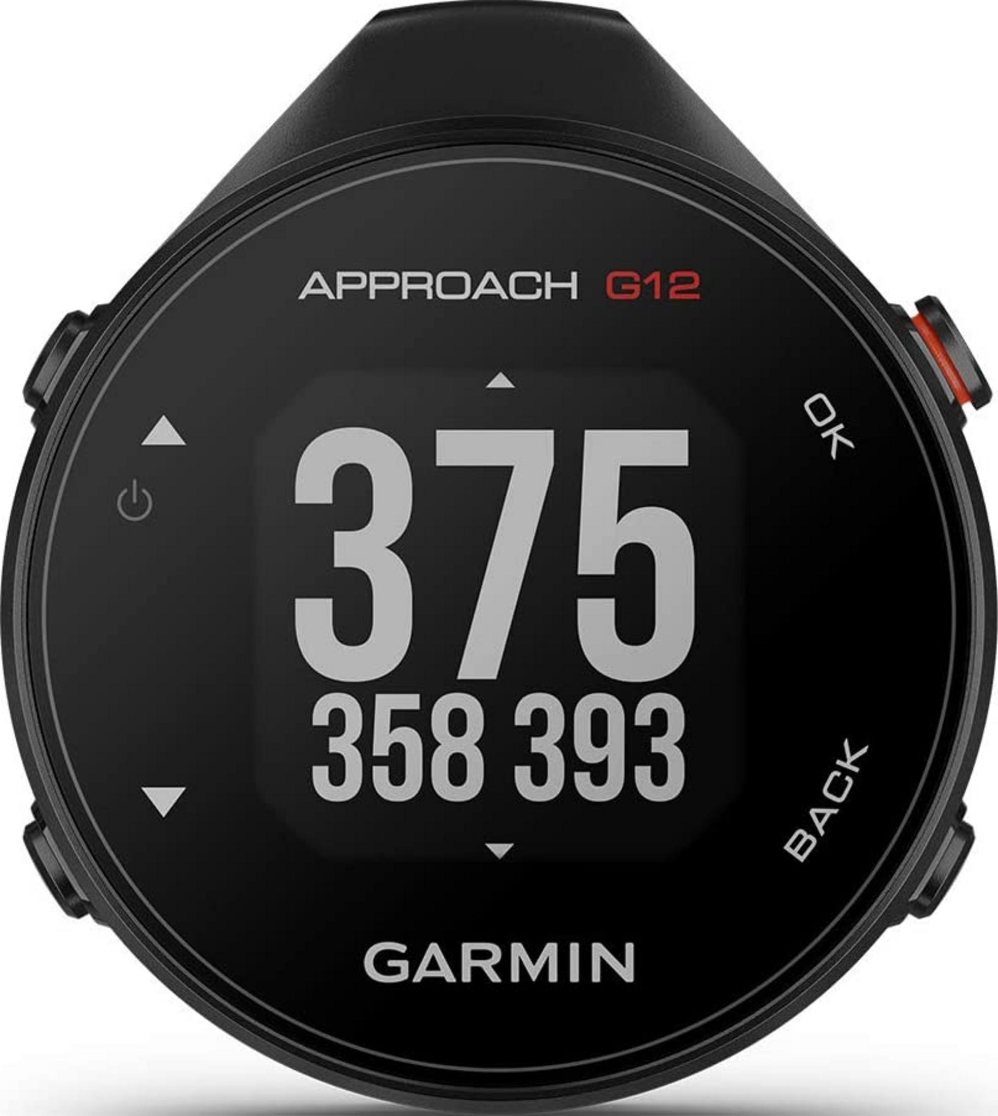 El reloj Garmin Approach G12 muestra 375. Botones: OK, ATRÁS.