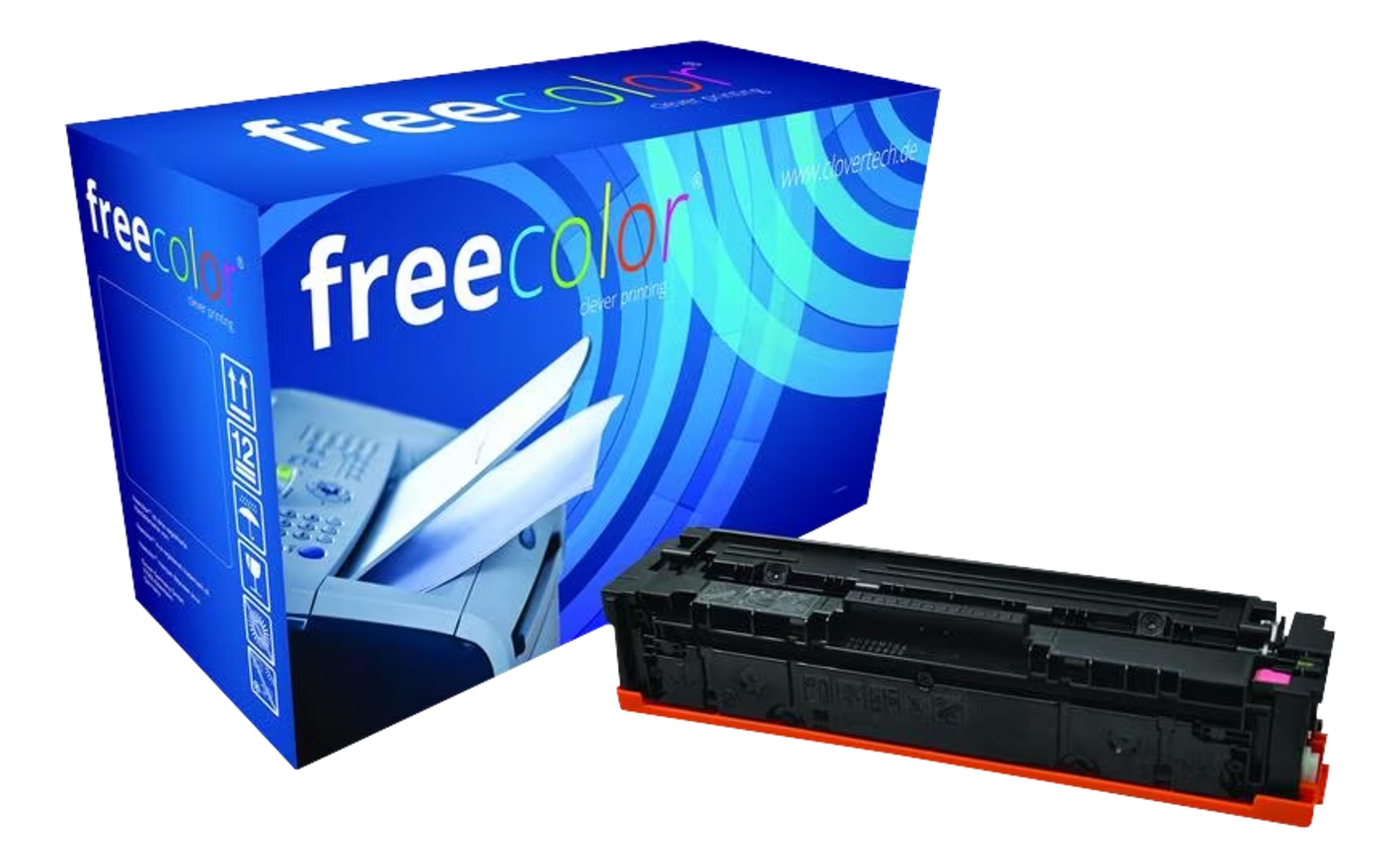 Una scatola blu Freecolor per cartucce accanto a una cartuccia toner nera.