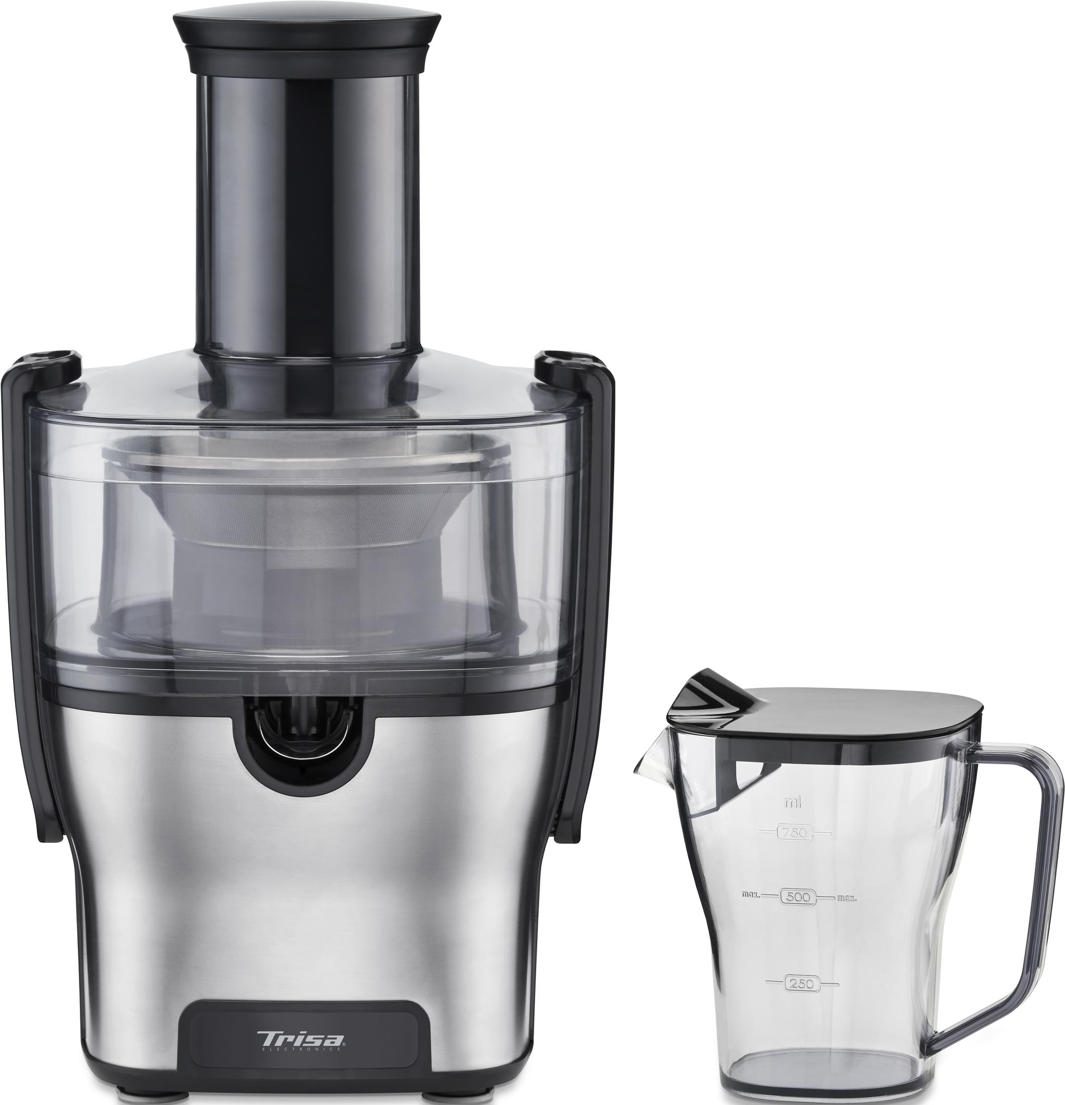 Ein silberner Entsafter mit schwarzem Deckel und ein durchsichtiger Messbecher daneben.