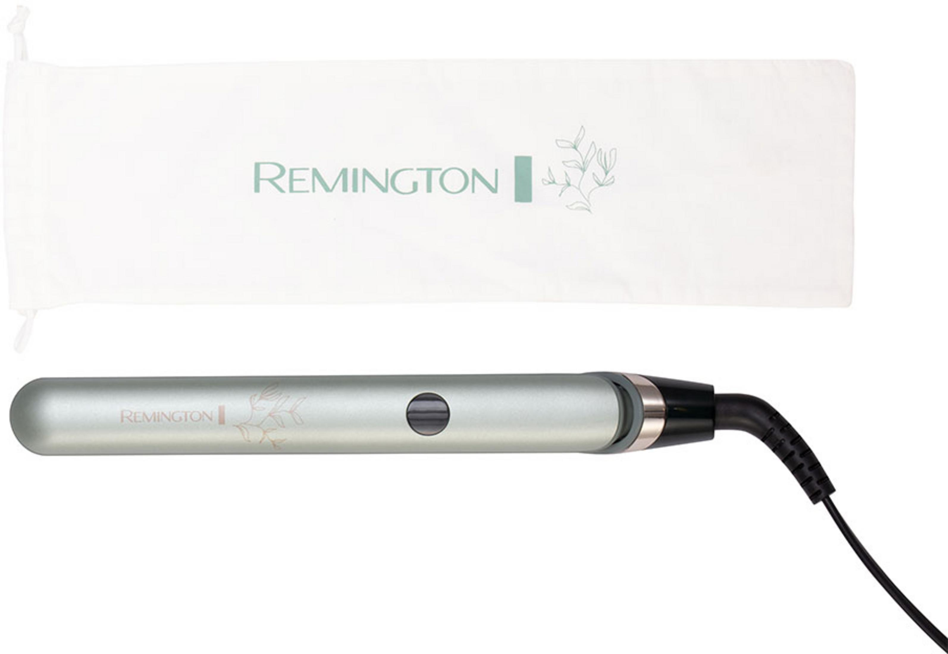 Ein silberner Remington Glätteisen mit einem Beutel.