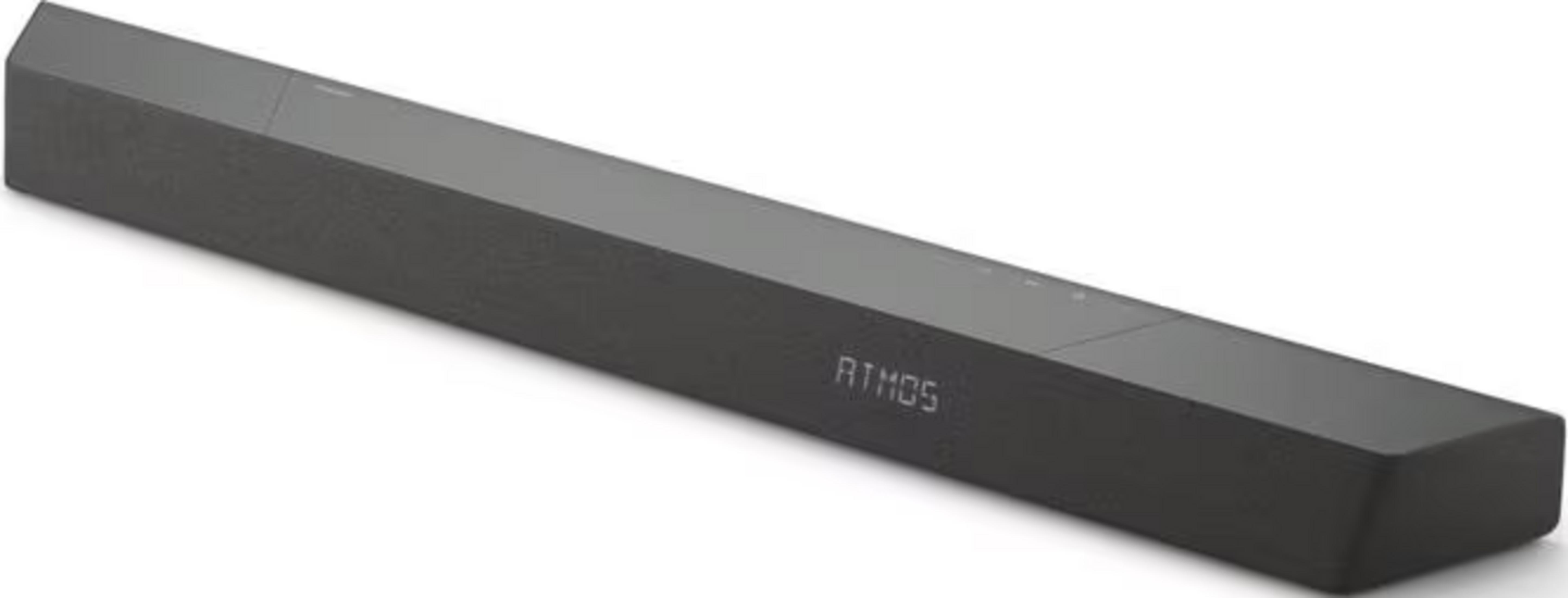 Eine dunkelgraue Soundbar mit texturierter Vorderseite und Digitalanzeige 'ATMOS'.