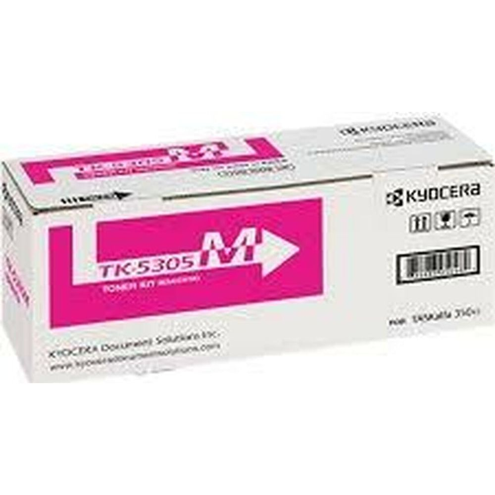 Witte Kyocera tonerdoos met roze TK-5305 M logo en pijl.