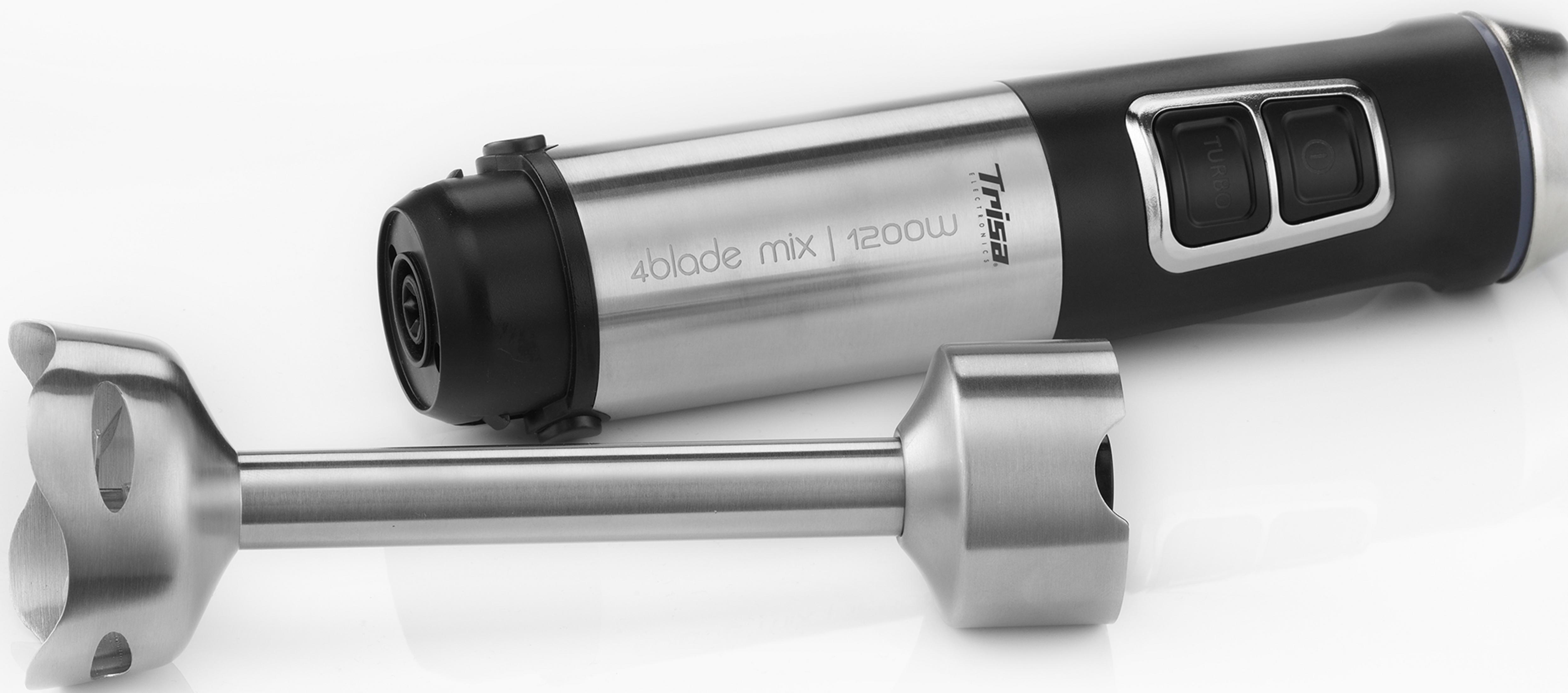 Ein silberner Stabmixer mit schwarzem Griff und Turbo-Taste.