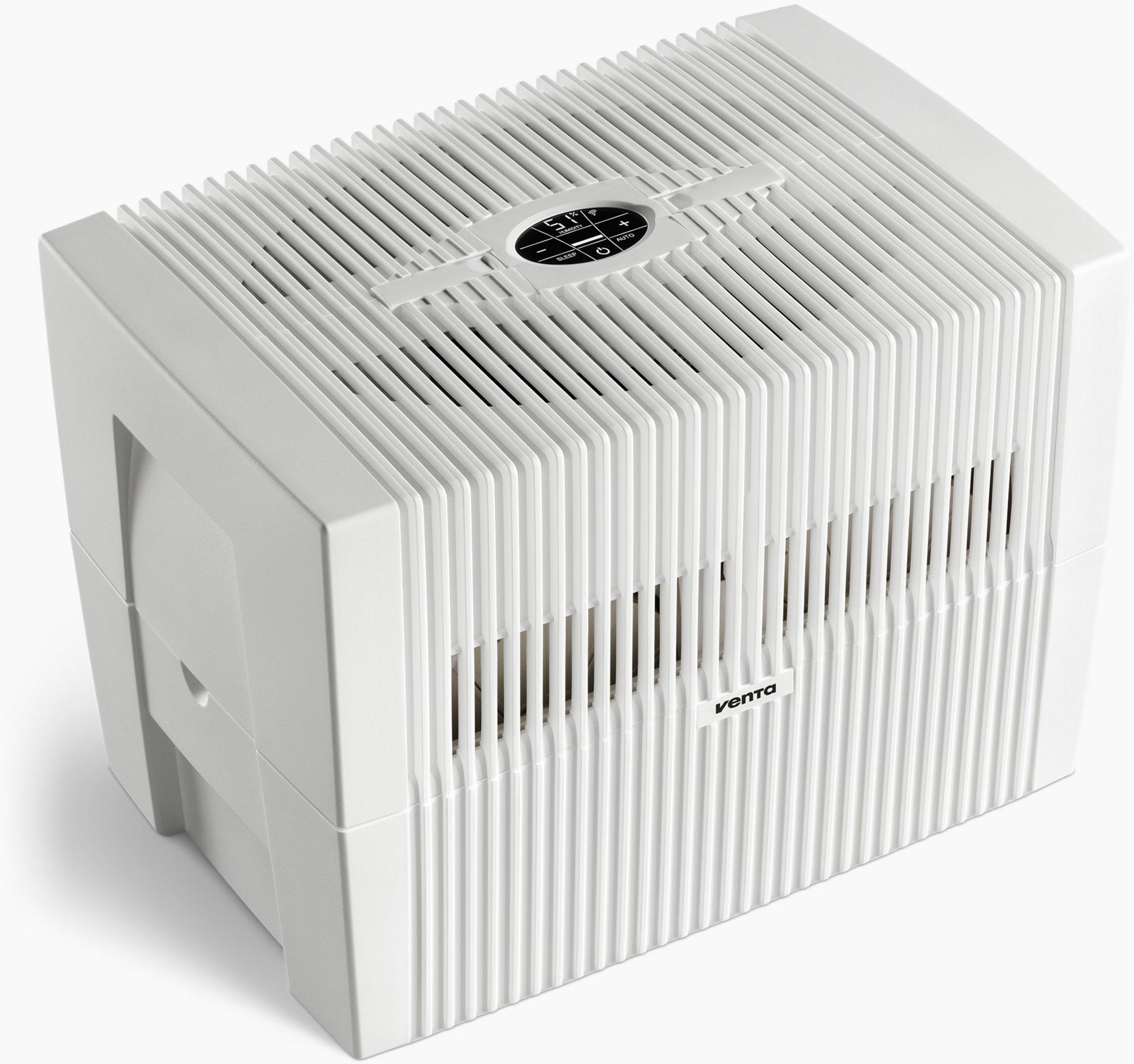 Biały oczyszczacz powietrza z otworami wentylacyjnymi i cyfrowym wyświetlaczem.