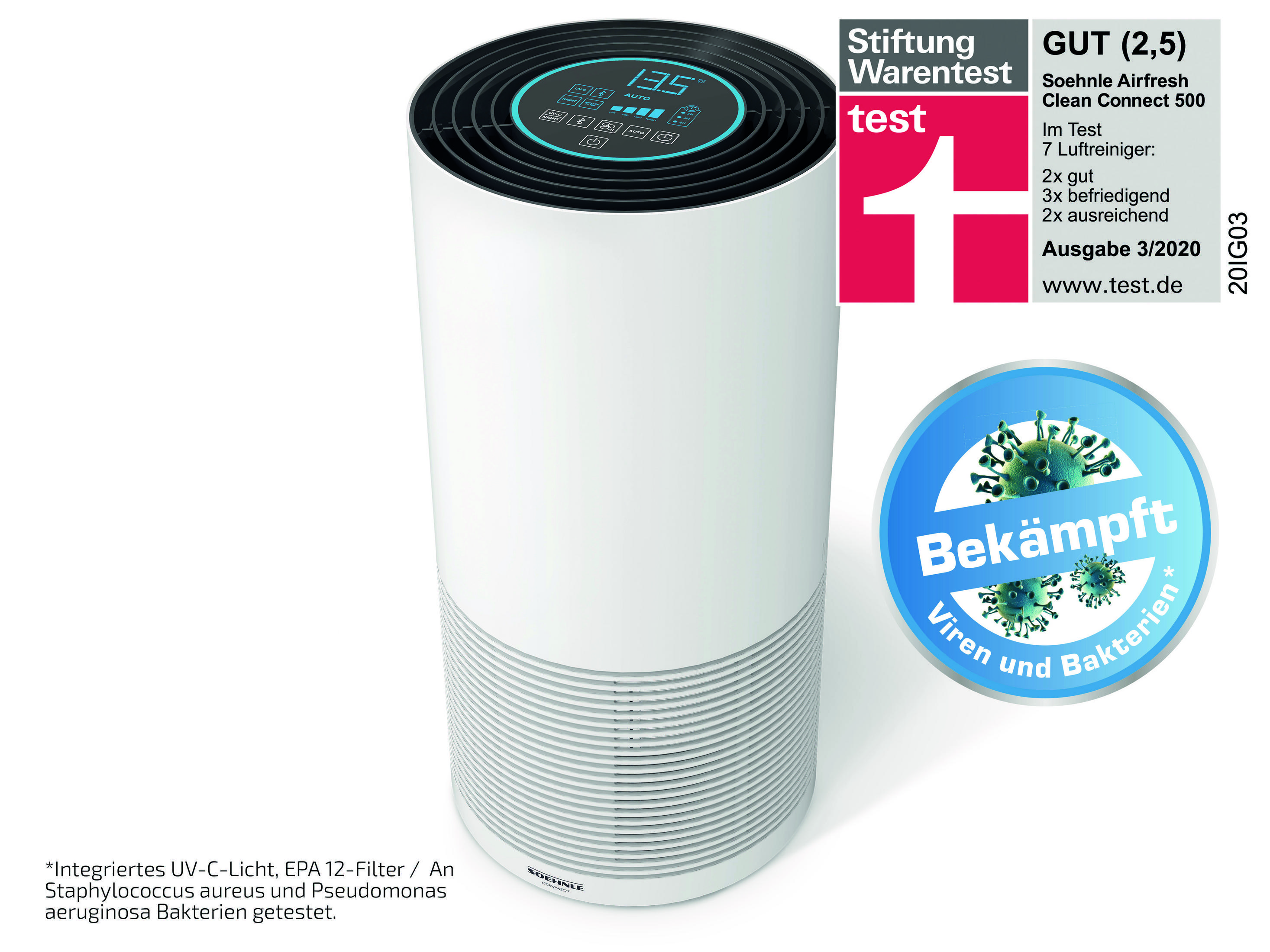 Ein weißer Luftreiniger mit digitaler Anzeige und einem Siegel, das Viren und Bakterien bekämpft.