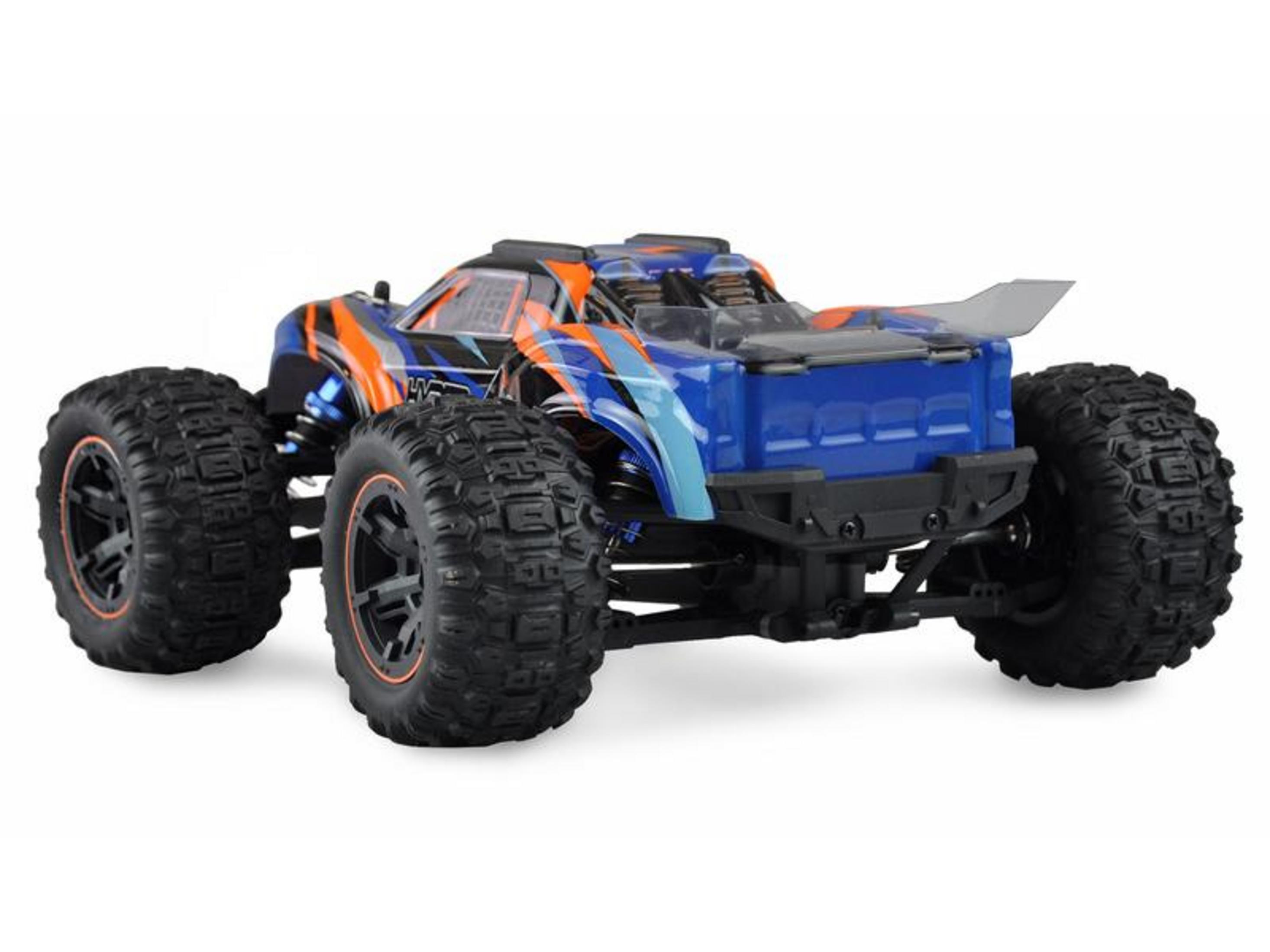 Un monster truck azul a control remoto con detalles naranjas.