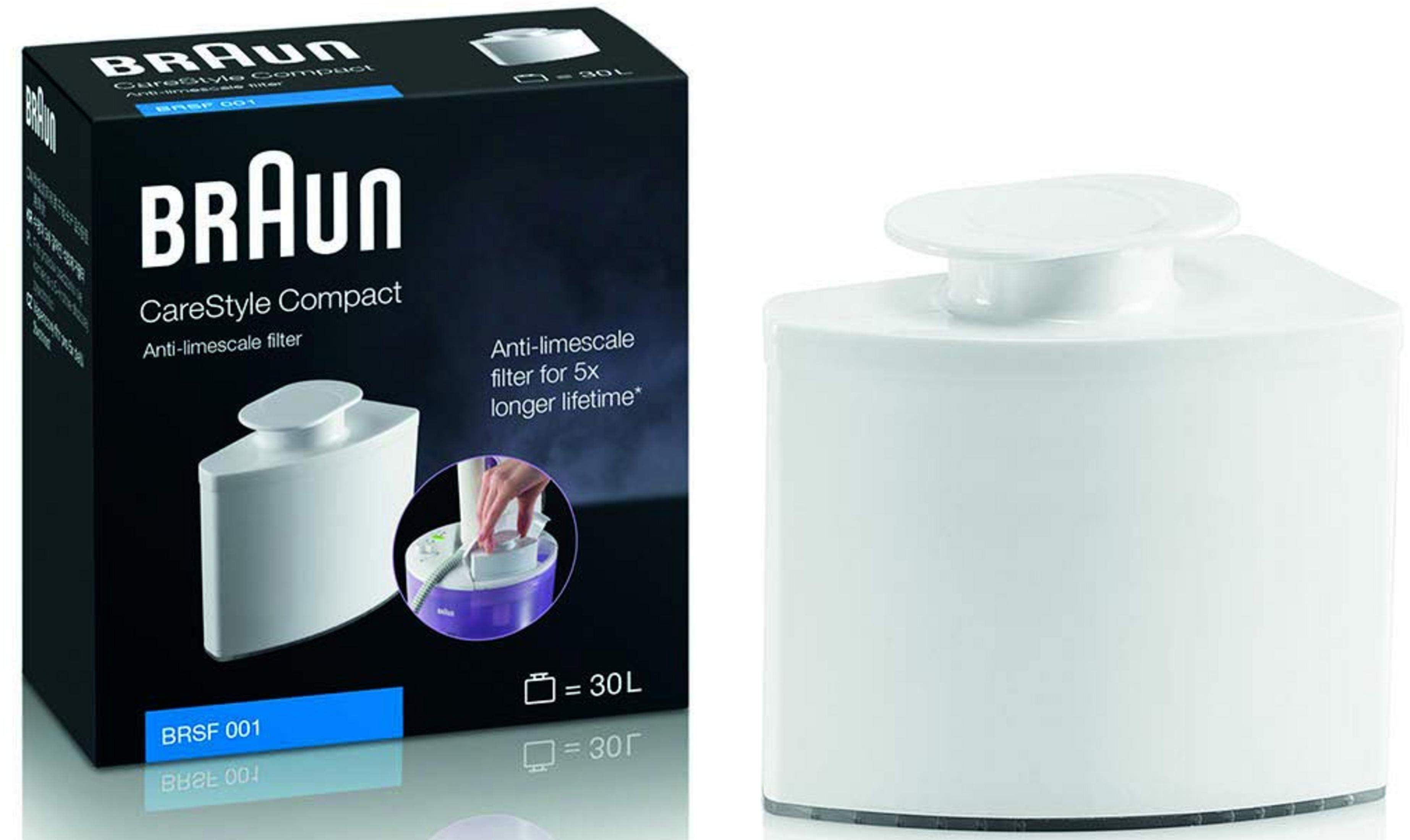 Filtro anticalcare Braun CareStyle Compact, BRSF 001, per 30L, su confezione nera.