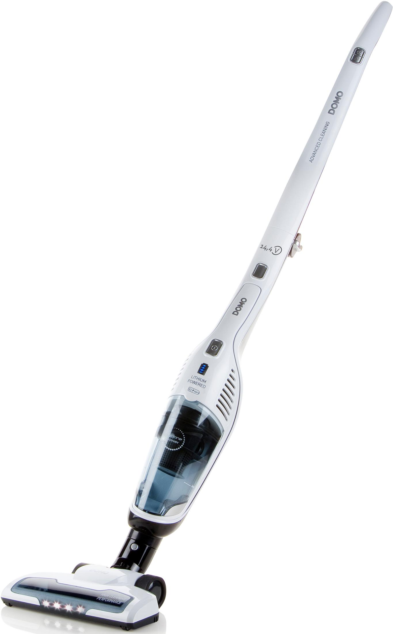 Una elegante aspiradora inalámbrica blanca con depósito de polvo transparente y detalles azules.