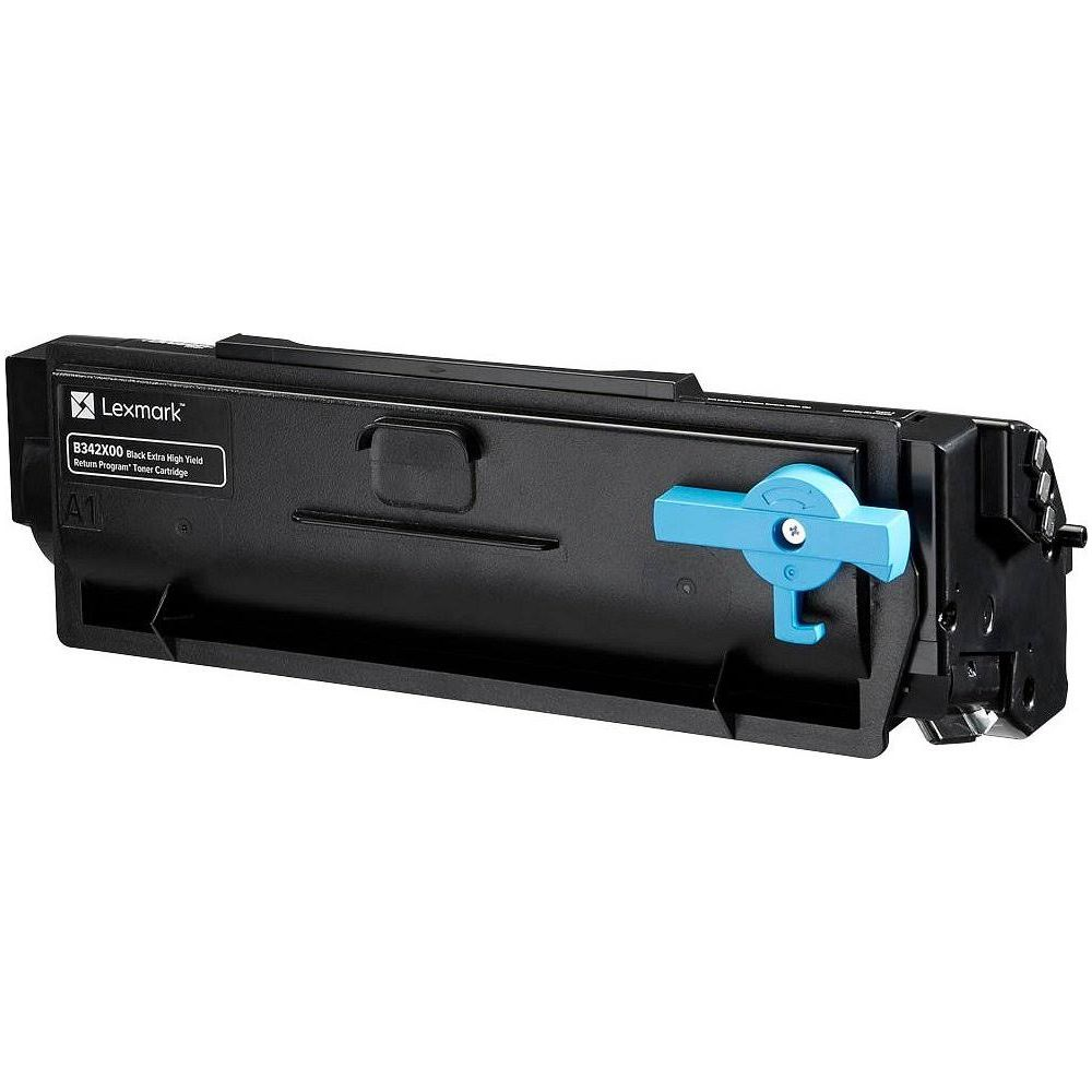Een zwarte Lexmark-toner met een blauwe hendel.