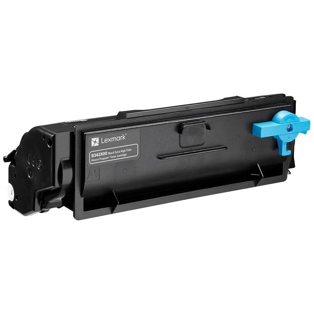 Zwarte Lexmark tonercartridge met blauwe hendel en label.