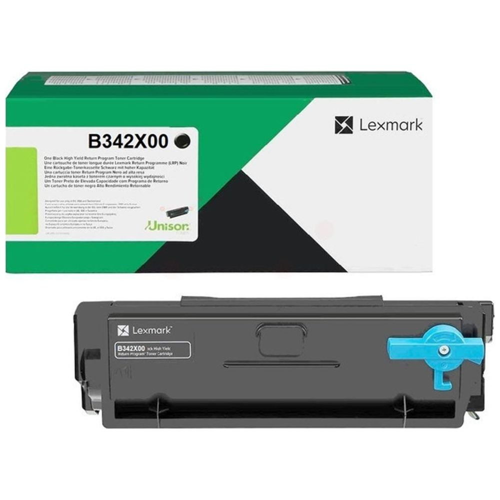 Lexmark B342X00 tonercartridge, boven en onder getoond.