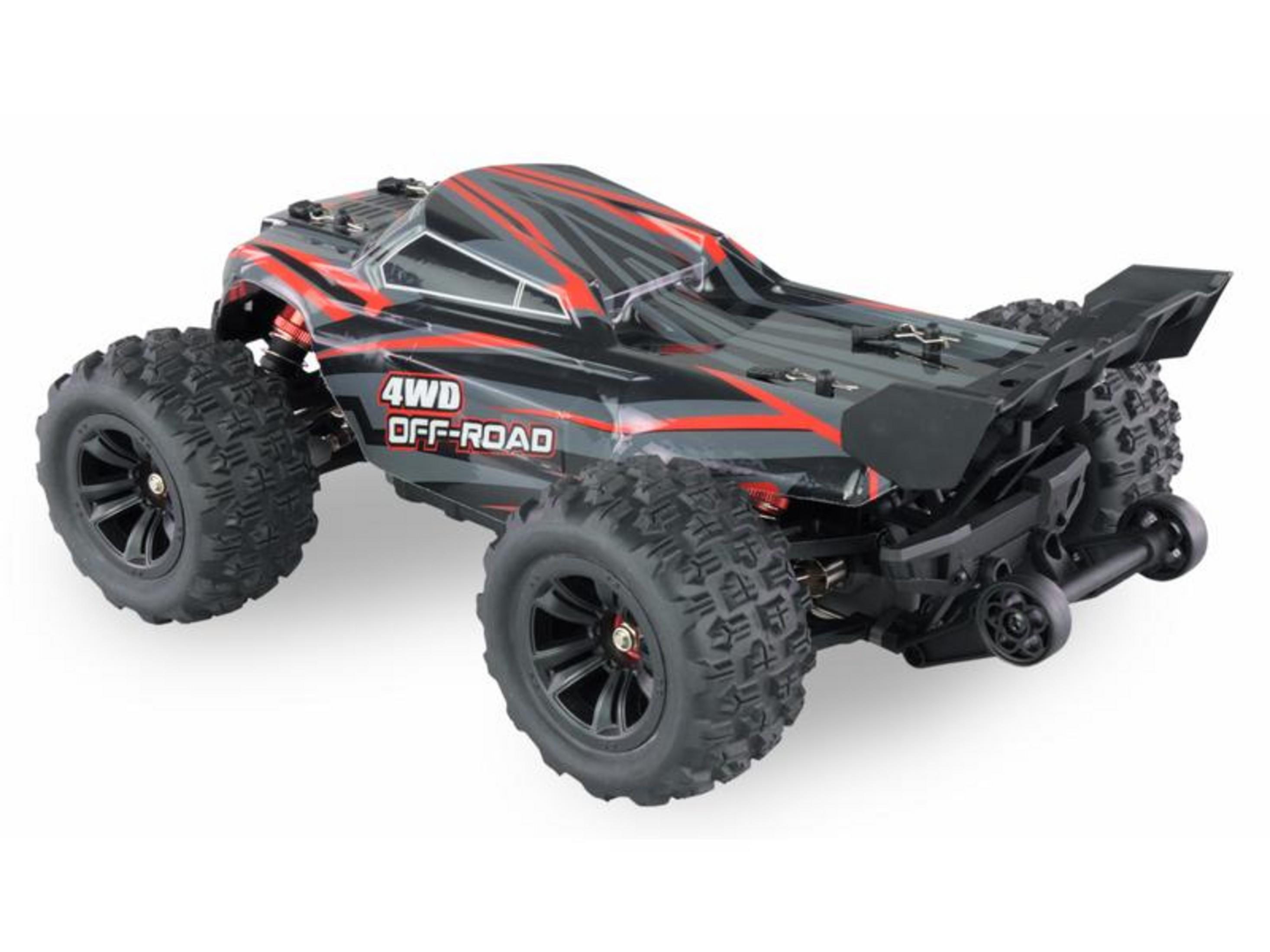 Un coche RC negro con rayas rojas y texto "4WD OFF-ROAD".