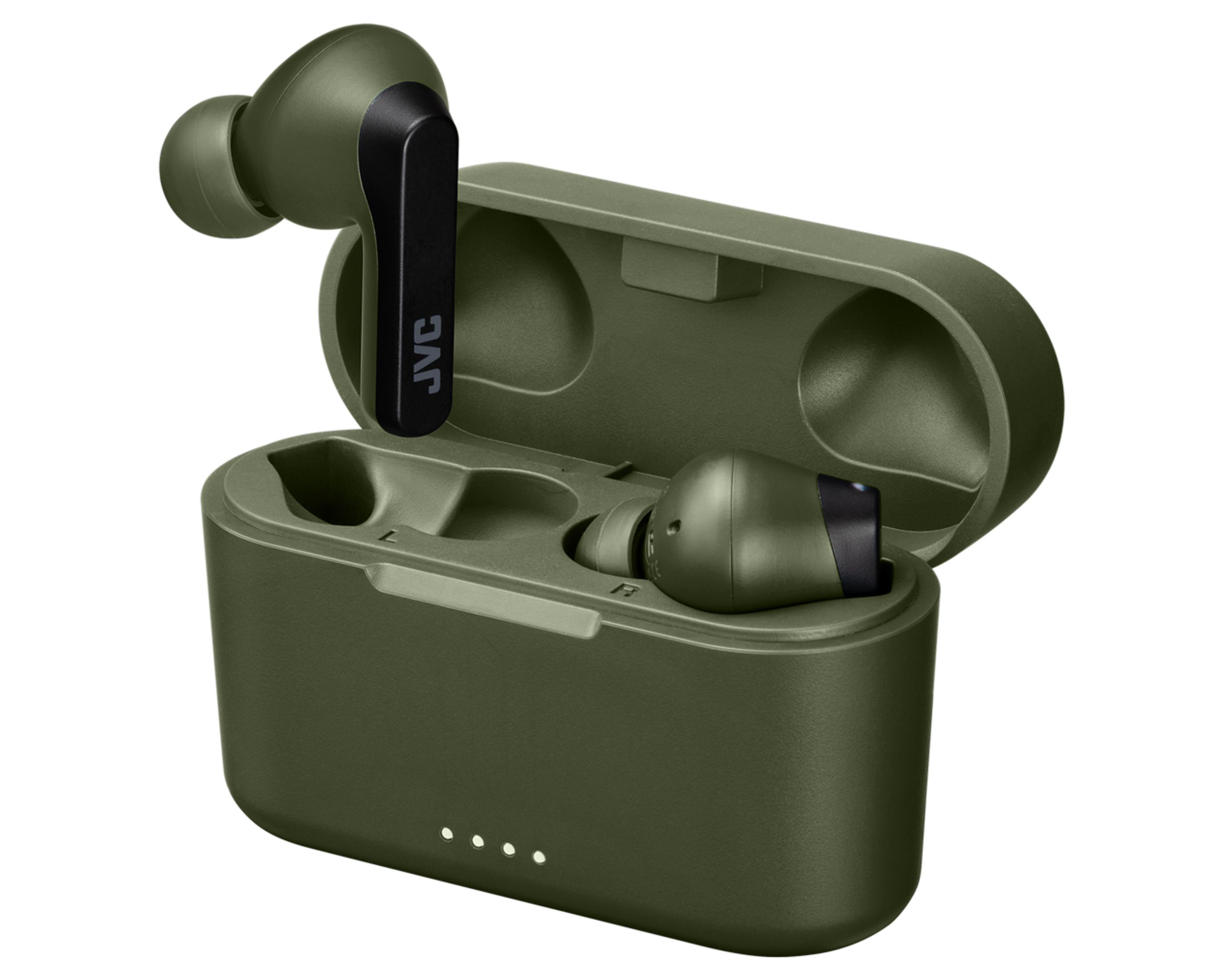 Una custodia per auricolari JVC verde con coperchio aperto, che mostra due auricolari.