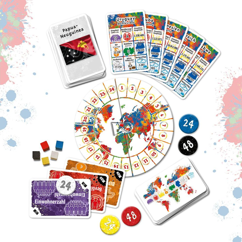 Jeu de société avec carte du monde, noms de pays, chiffres et pions.