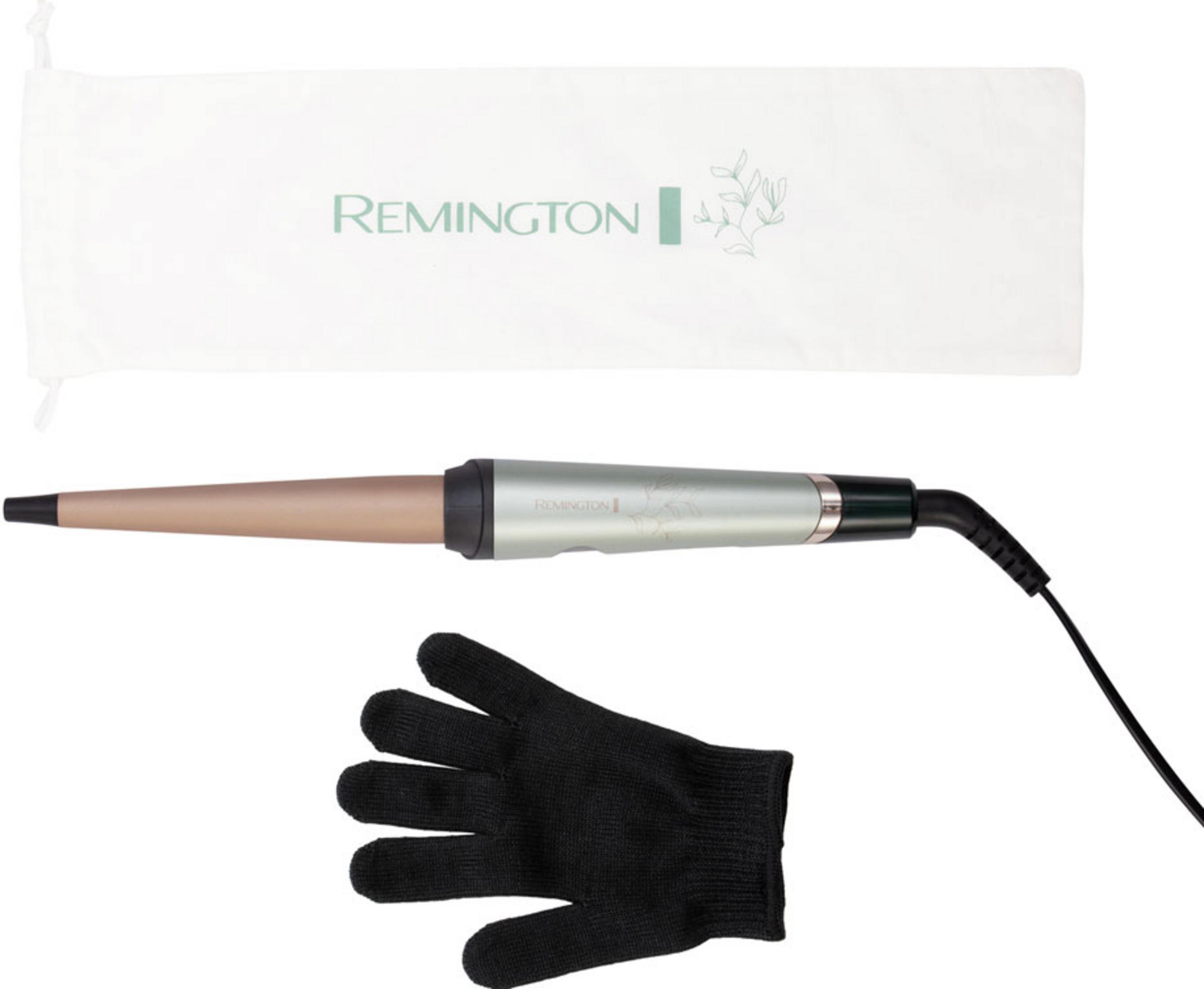 Aksesuarli bir Remington saç maşası: beyaz bir çanta ve siyah bir eldiven.