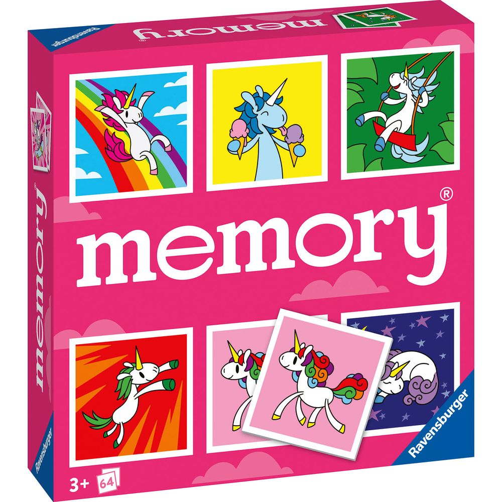Pudełko gry Memory z jednorożcami, kolorowymi obrazkami i napisem 'memory'.