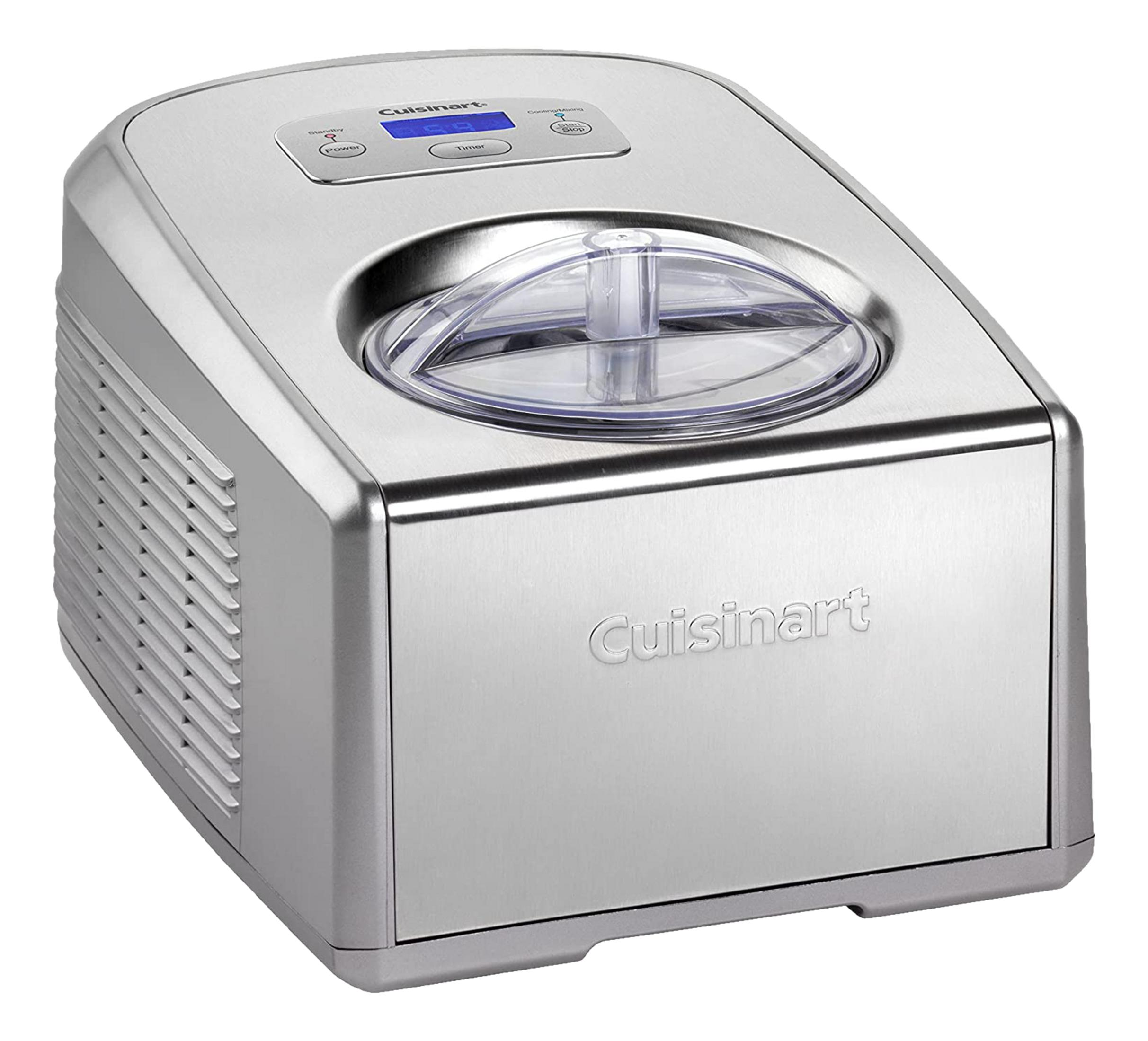 Macchina per gelato in acciaio inox con coperchio trasparente e display LCD blu.