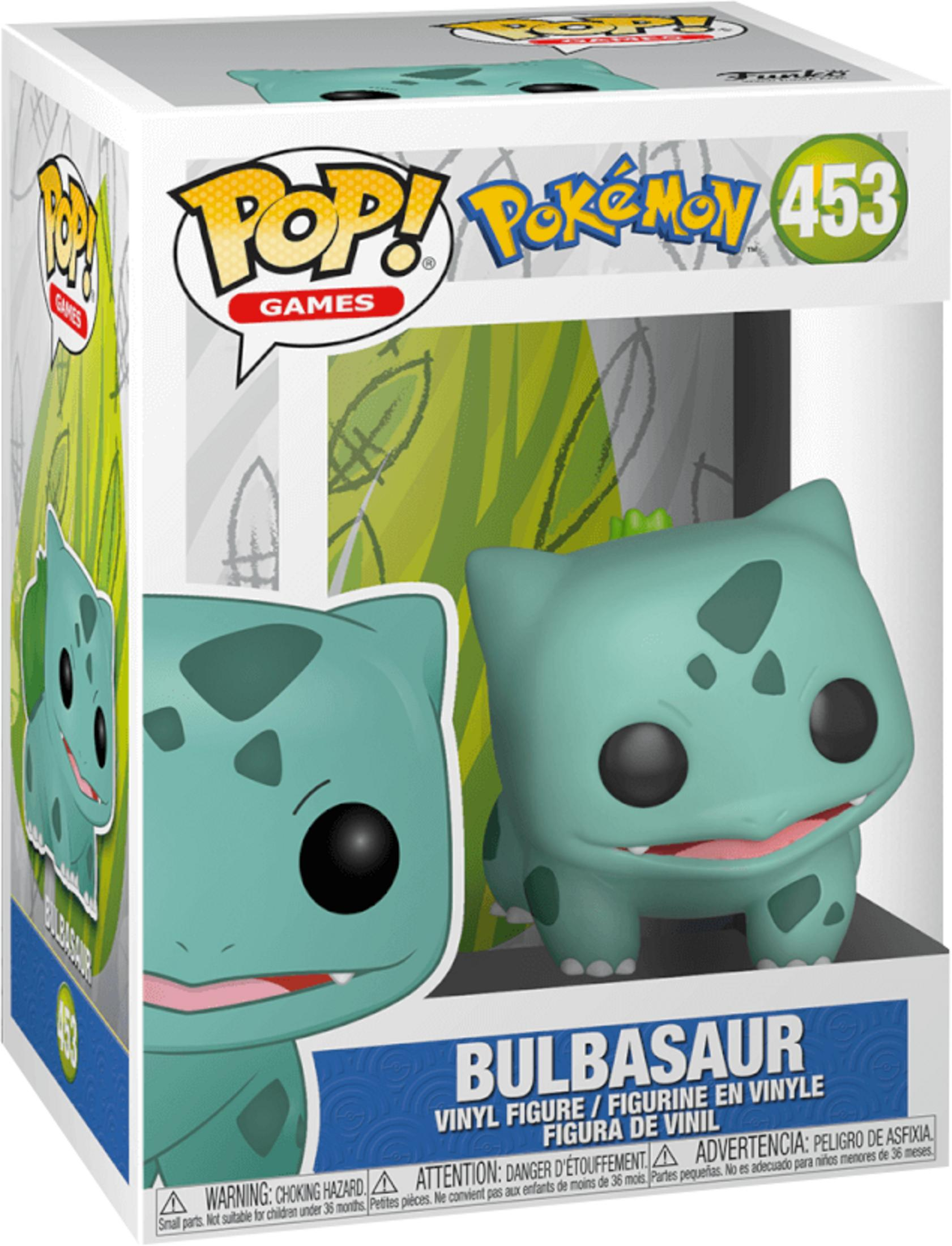 Pop! Vinyl Figur von Bulbasaur, Pokémon, Nummer 453, auf weißem Karton.