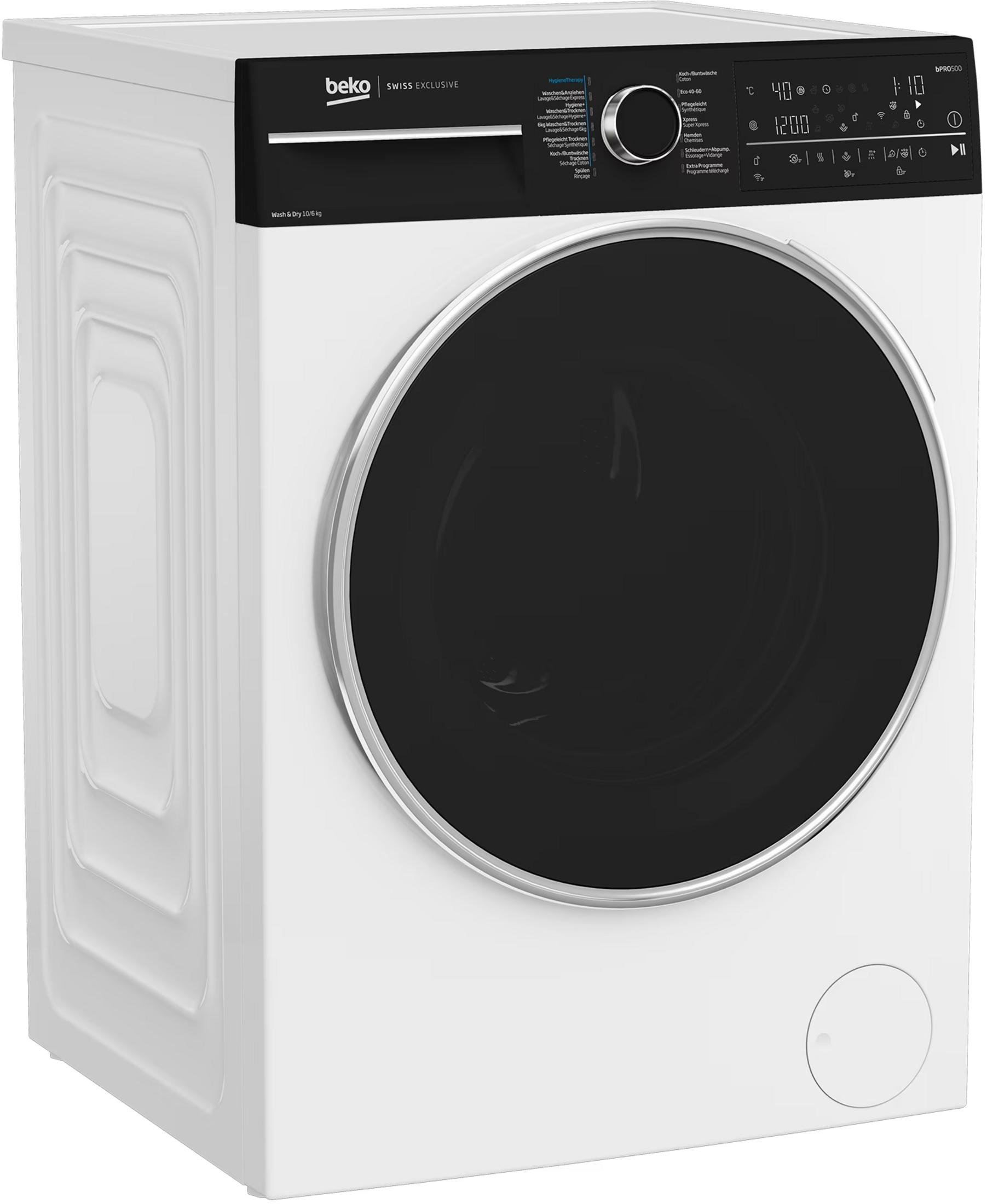 Eine weiße Waschmaschine mit schwarzer Tür und Bedienfeld.