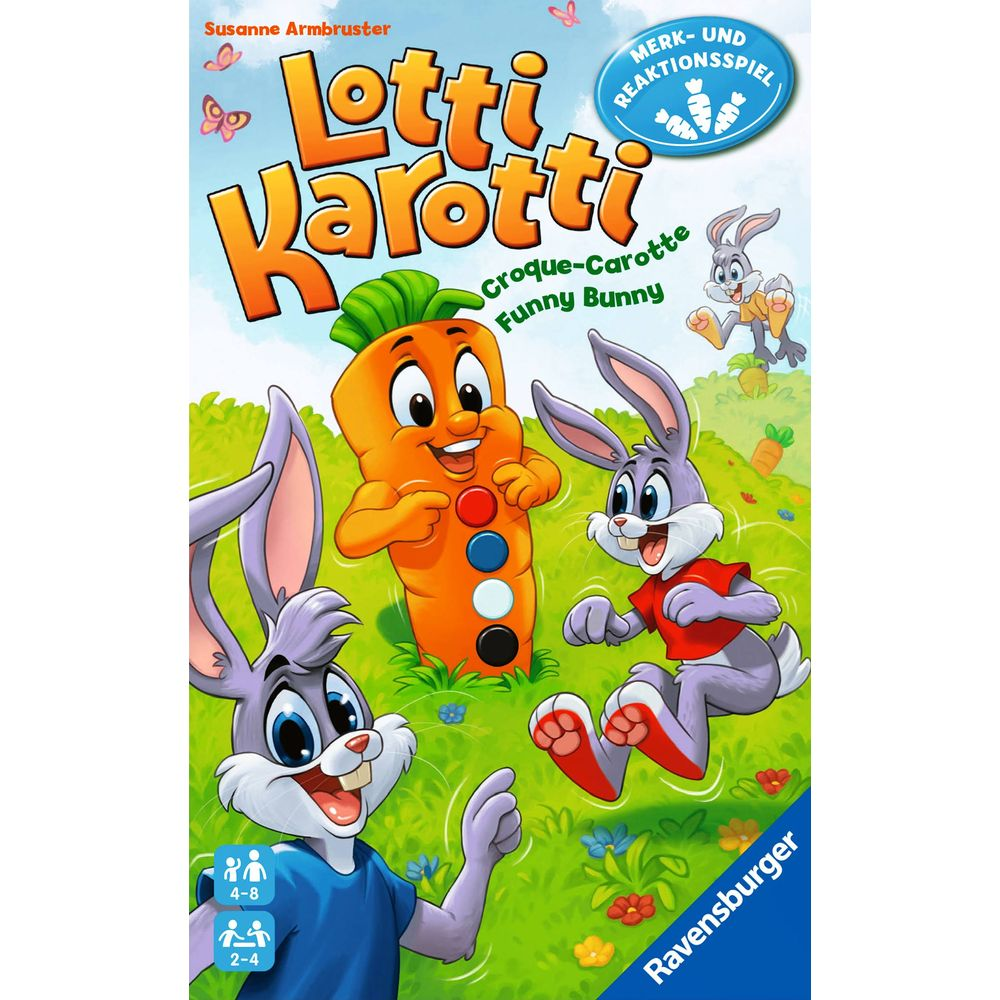 Spiel "Lotti Karotti" zeigt einen fröhlichen Karottencharakter und drei Hasen. Ravensburger Logo.