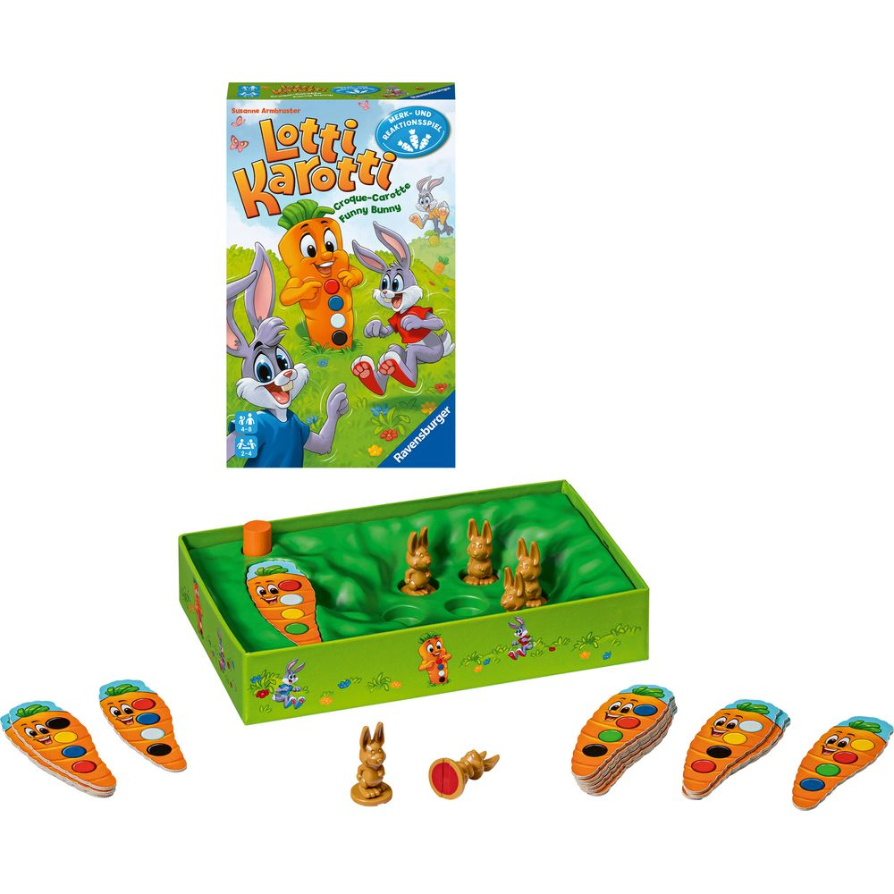 Spielbrett mit Hasenfiguren, Karotten-Karten und Spielbox des Spiels Lotti Karotti.