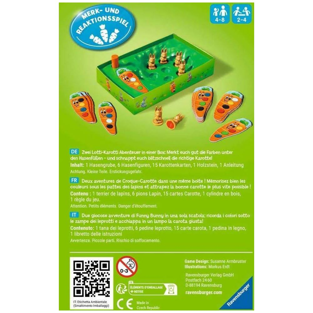 Brettspiel mit Hasen und Karotten, verschiedene Sprachen auf der Verpackung.