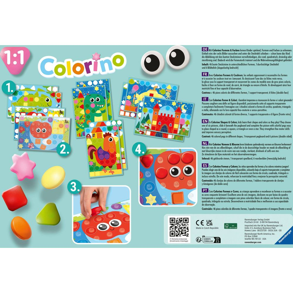 Colorino Spielzeug mit Stecktafel, Bildkarten, bunten Stecksteinen in Stern-, Kreis-, Quadrat-, Dreieckform.