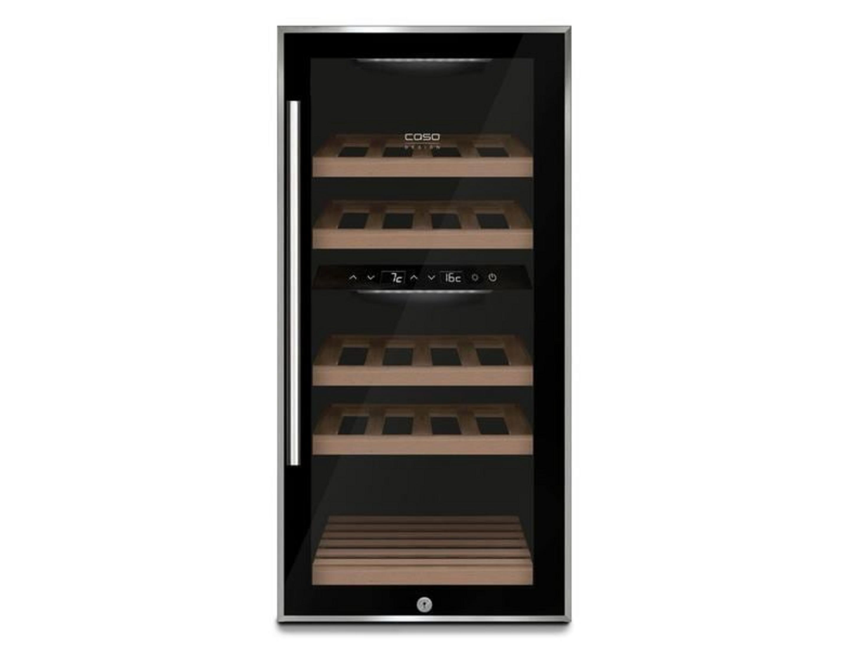 Ein silberner Weinkühlschrank mit Glastür und Holzböden.